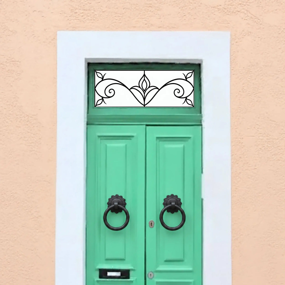 Frosted Privacy Window Film, Art Nouveau Scroll Transom & Fanlight