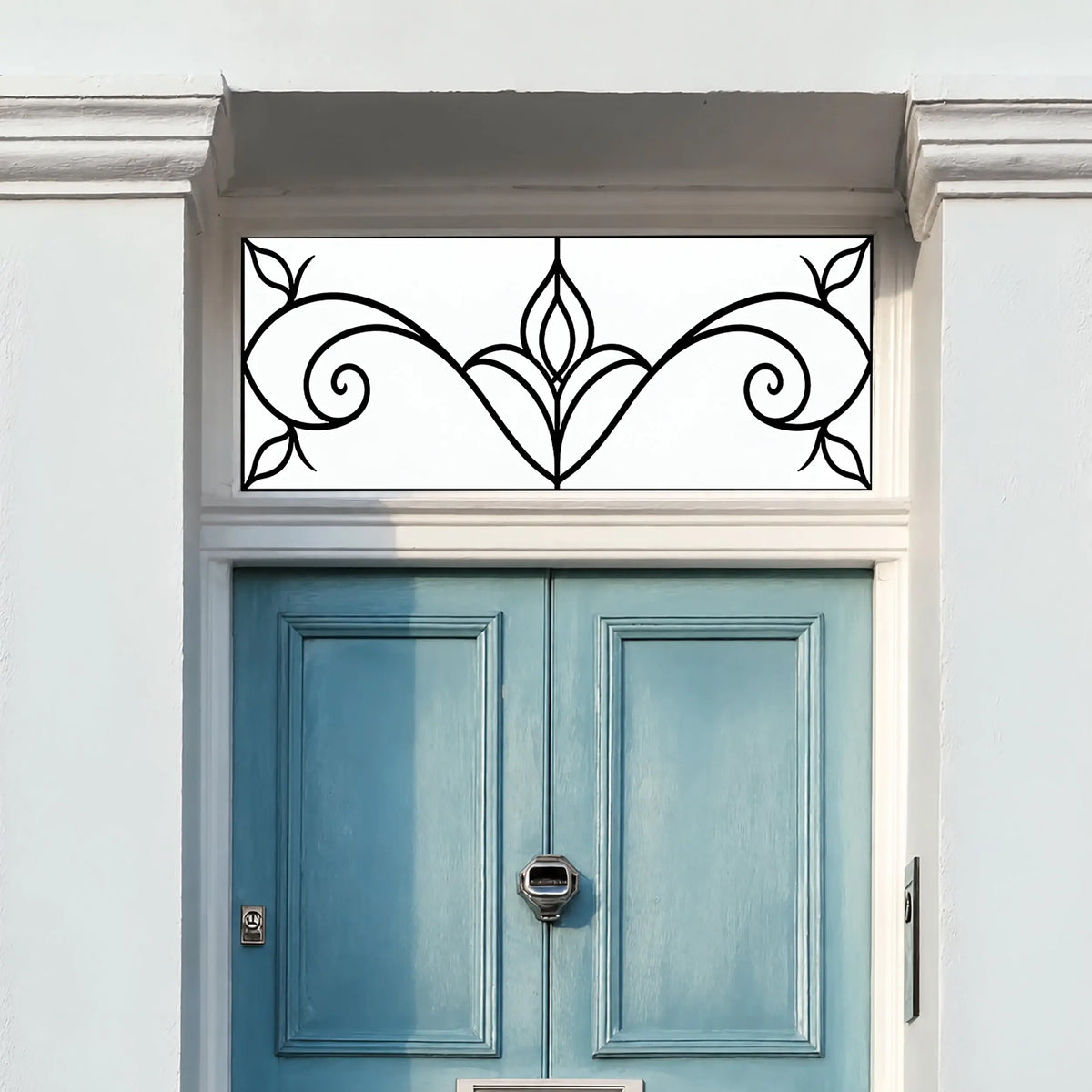 Frosted Privacy Window Film, Art Nouveau Scroll Transom & Fanlight