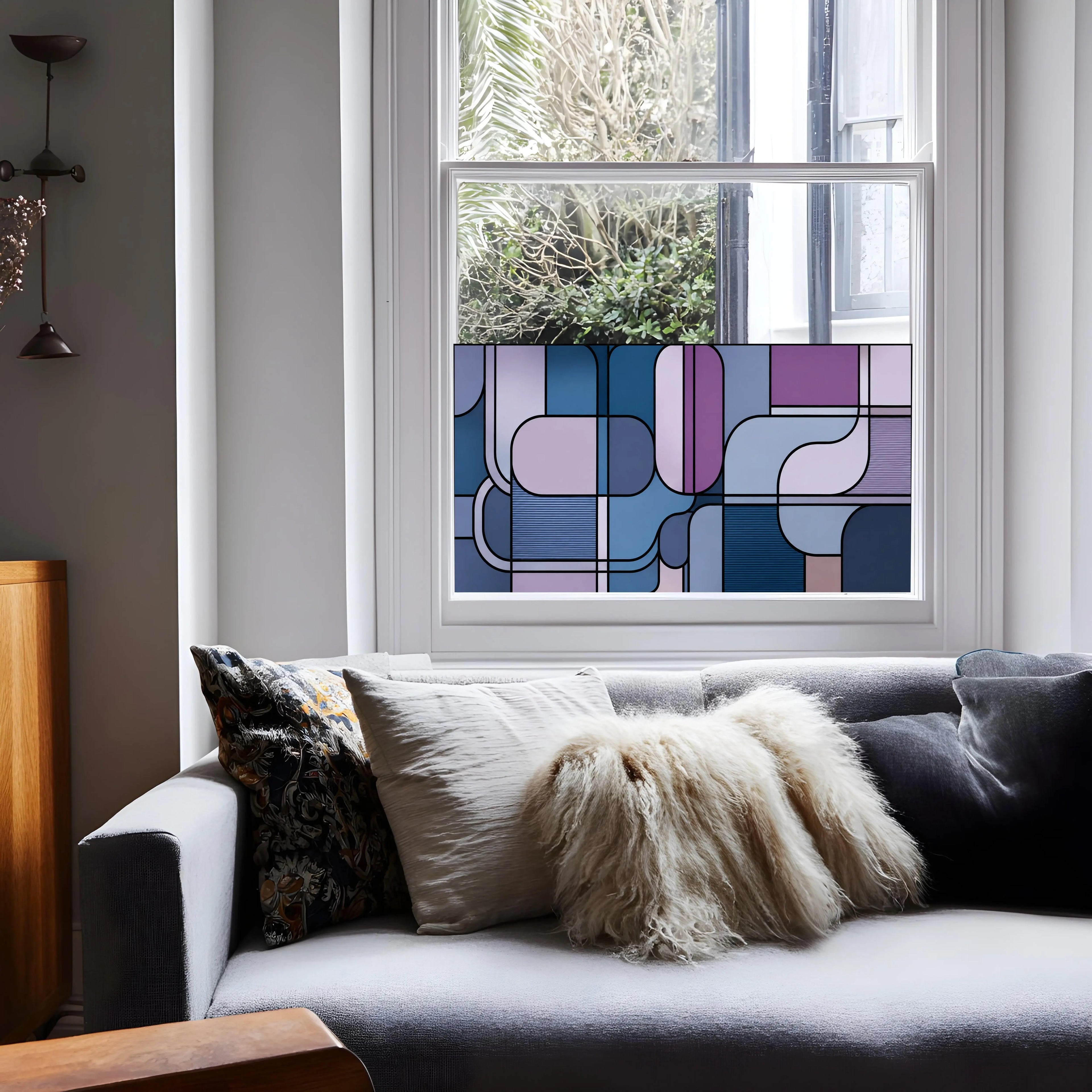 Privacy Window Film – Modern Geometric Purple & Blue Design