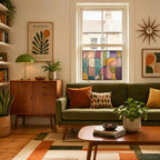 Modern colourful window film for privacy with abstract mid century stained glass design