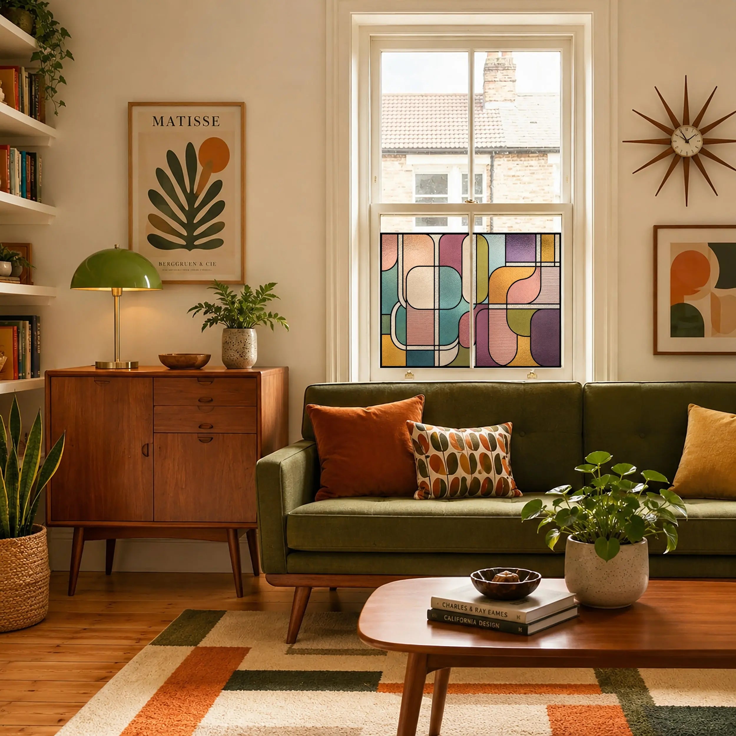 Modern colourful window film for privacy with abstract mid century stained glass design