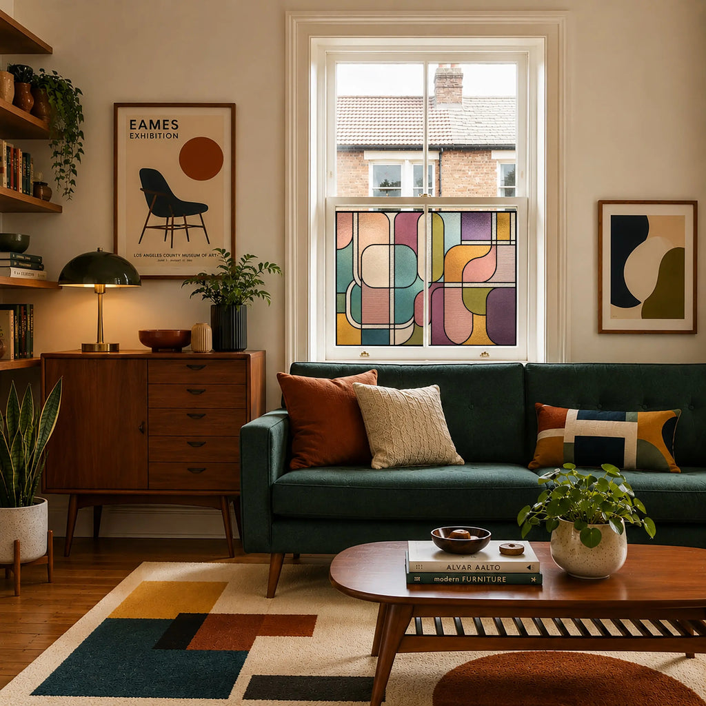Decorative privacy window film with modern abstract curved geometric pattern