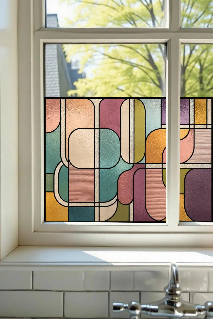 Geometric stained glass window film in teal pink mustard purple and cream