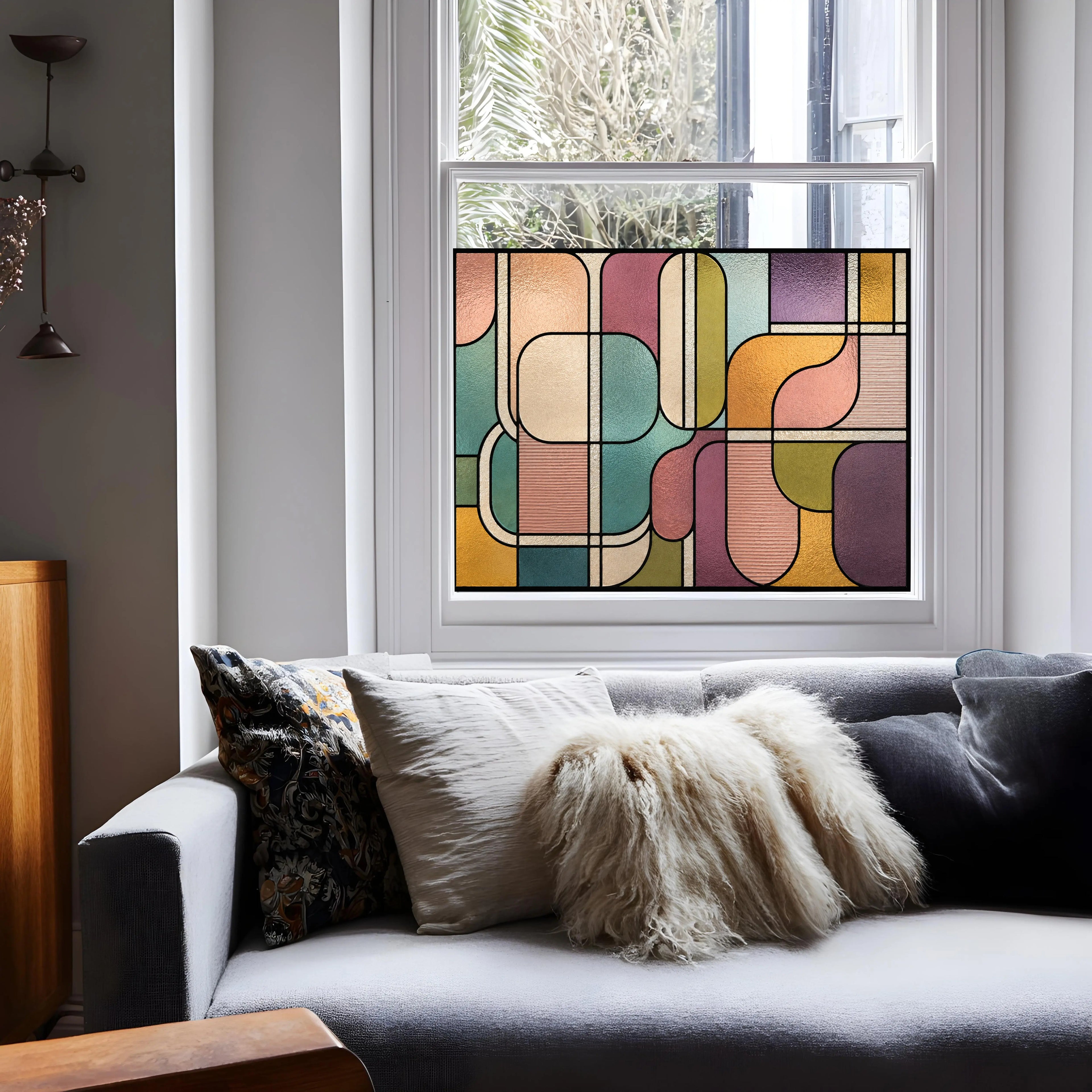 Modern abstract stained glass window film with teal blush amber and plum geometric design