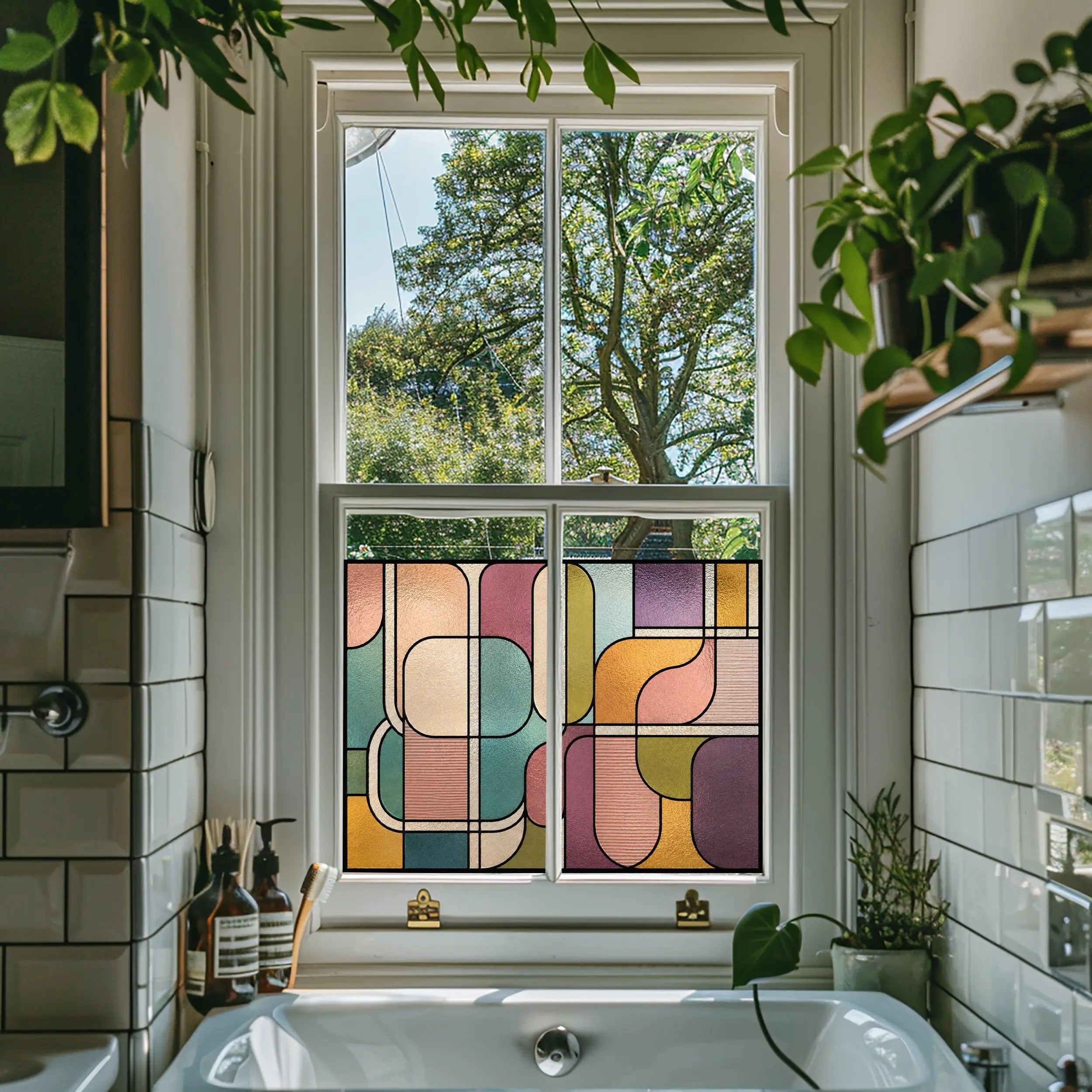 Colourful privacy window film with contemporary stained glass effect for living room windows