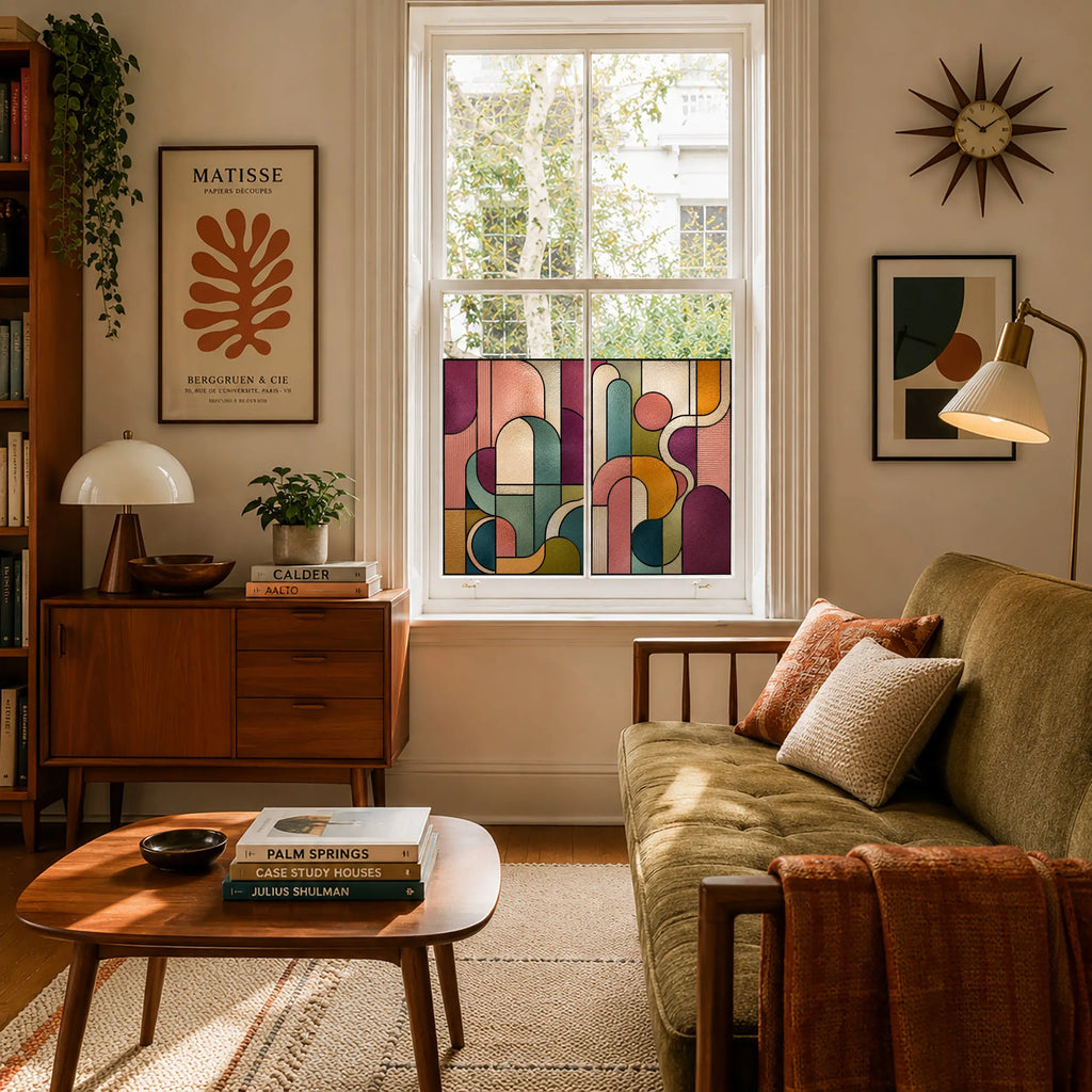 Modern decorative window film with teal pink amber and purple glass effect