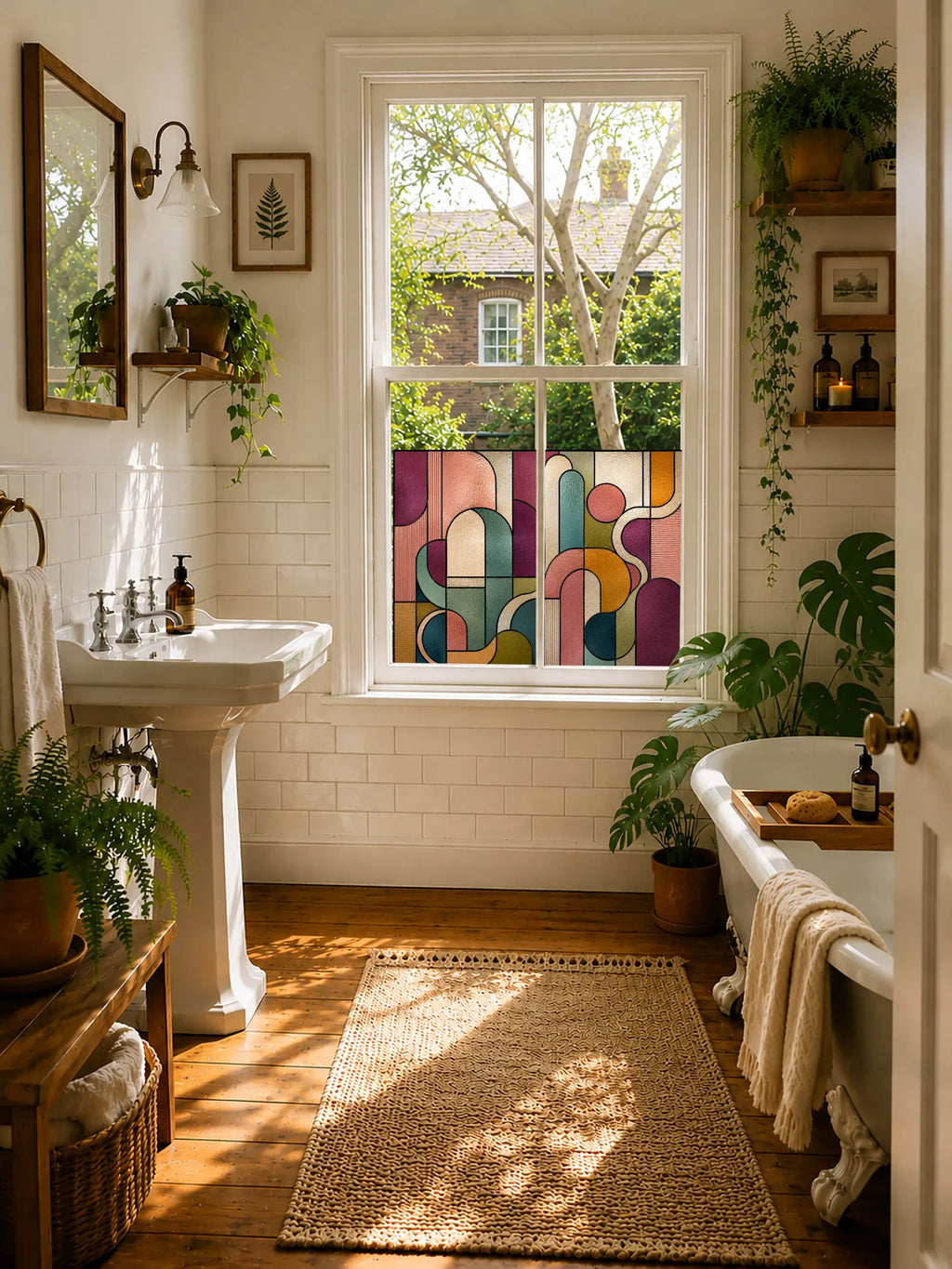 Colourful privacy window film with modern curved geometric design