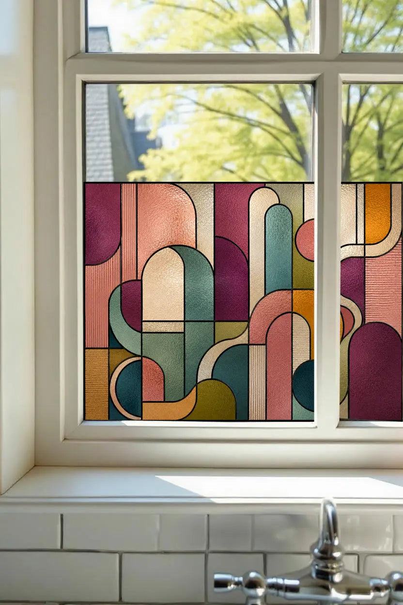Abstract stained glass effect window film on living room window