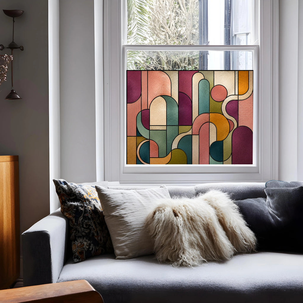 Abstract stained glass window film with colourful geometric pattern