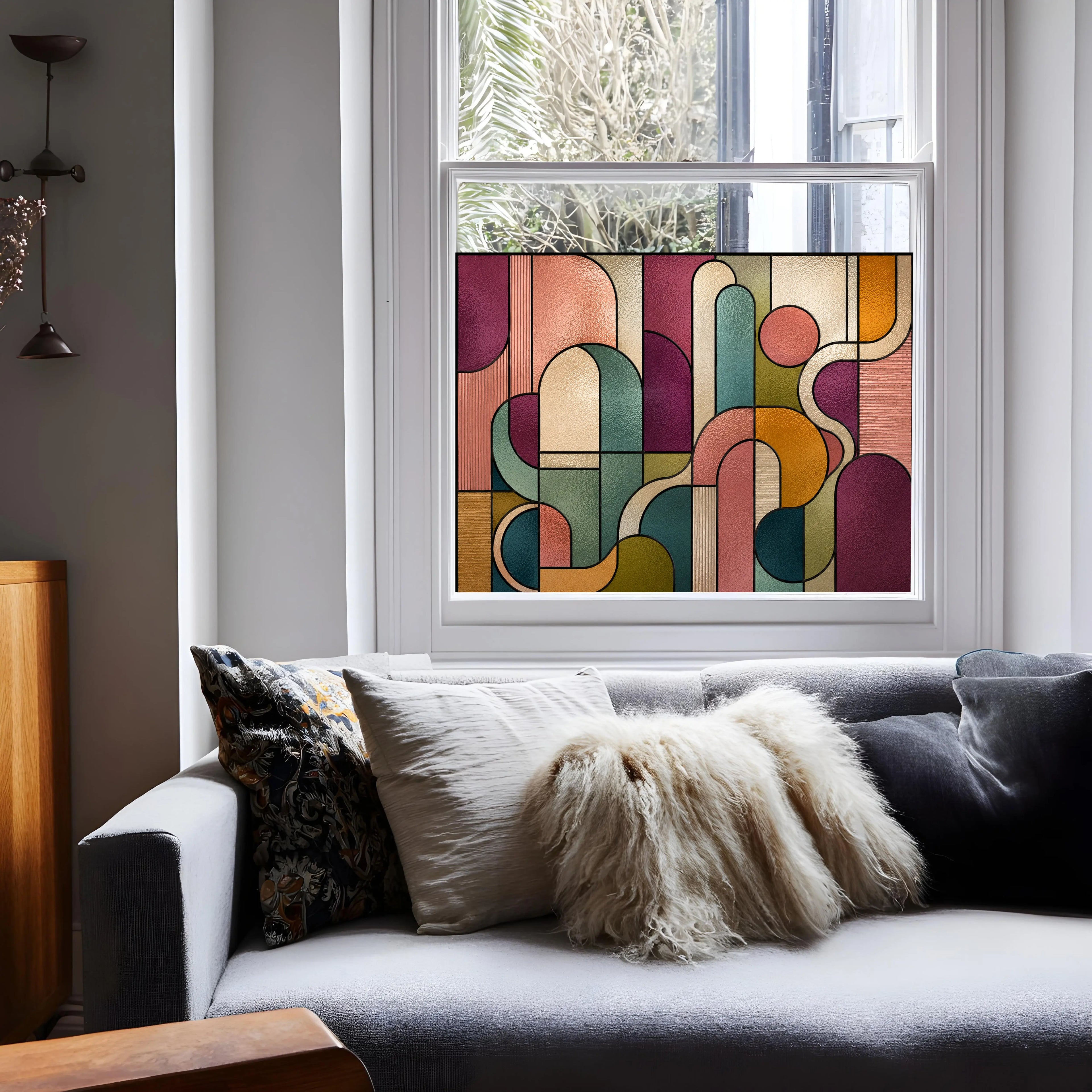 Abstract stained glass window film with colourful geometric pattern