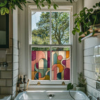 Modern geometric privacy window film in teal blush amber and plum