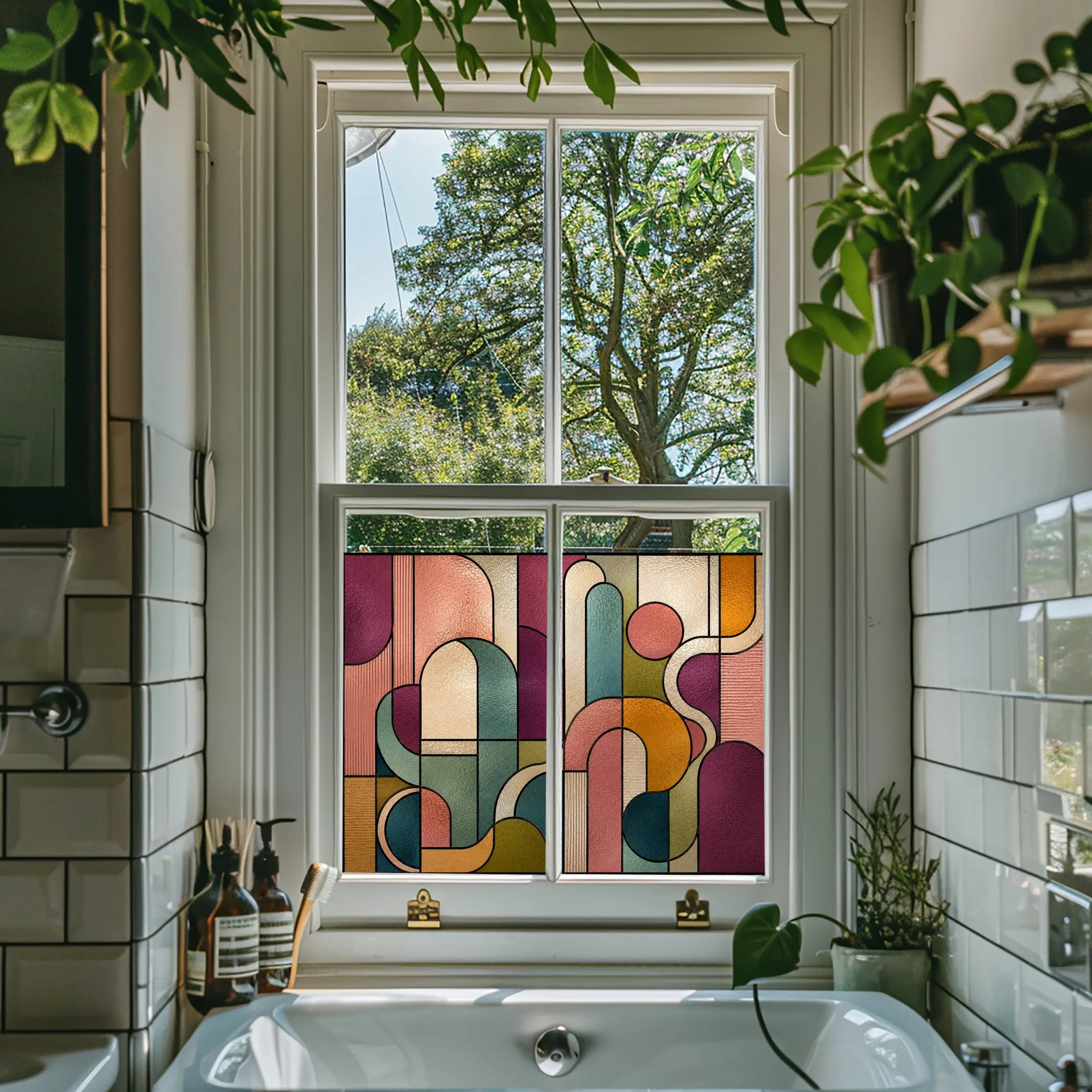 Modern geometric privacy window film in teal blush amber and plum