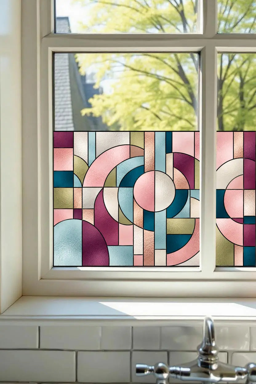 Privacy Window Film Pink and Teal Art Deco Circles