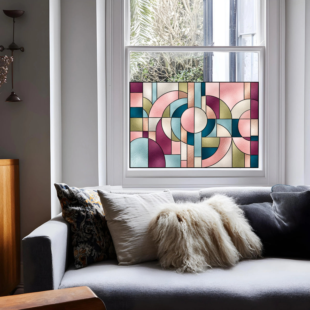Privacy Window Film Pink and Teal Art Deco Circles