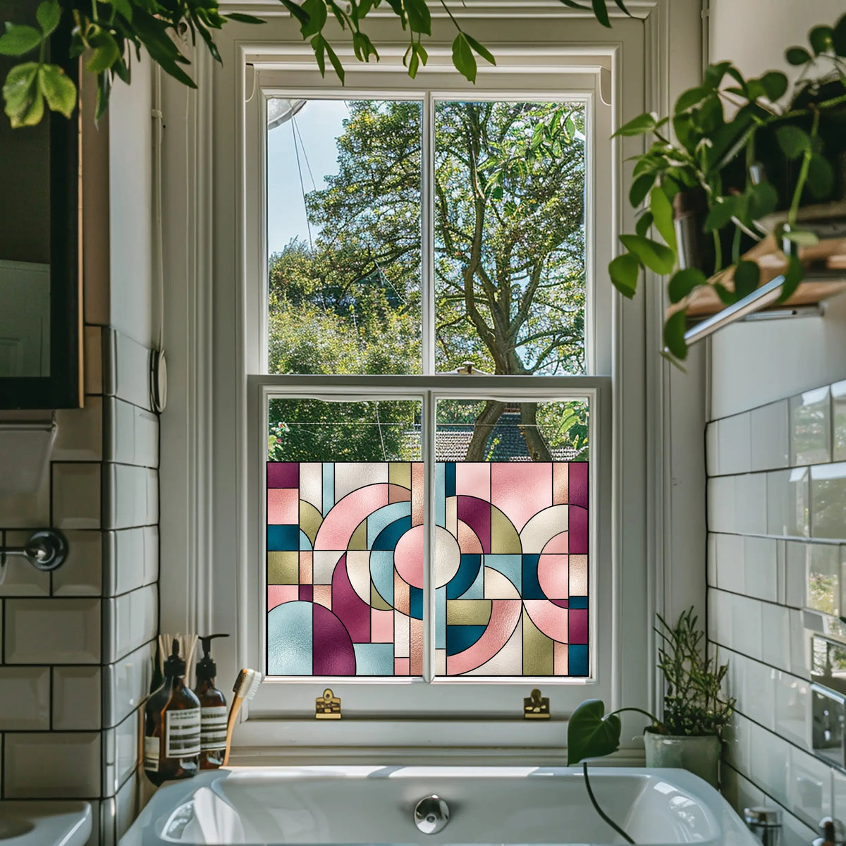 Privacy Window Film Pink and Teal Art Deco Circles