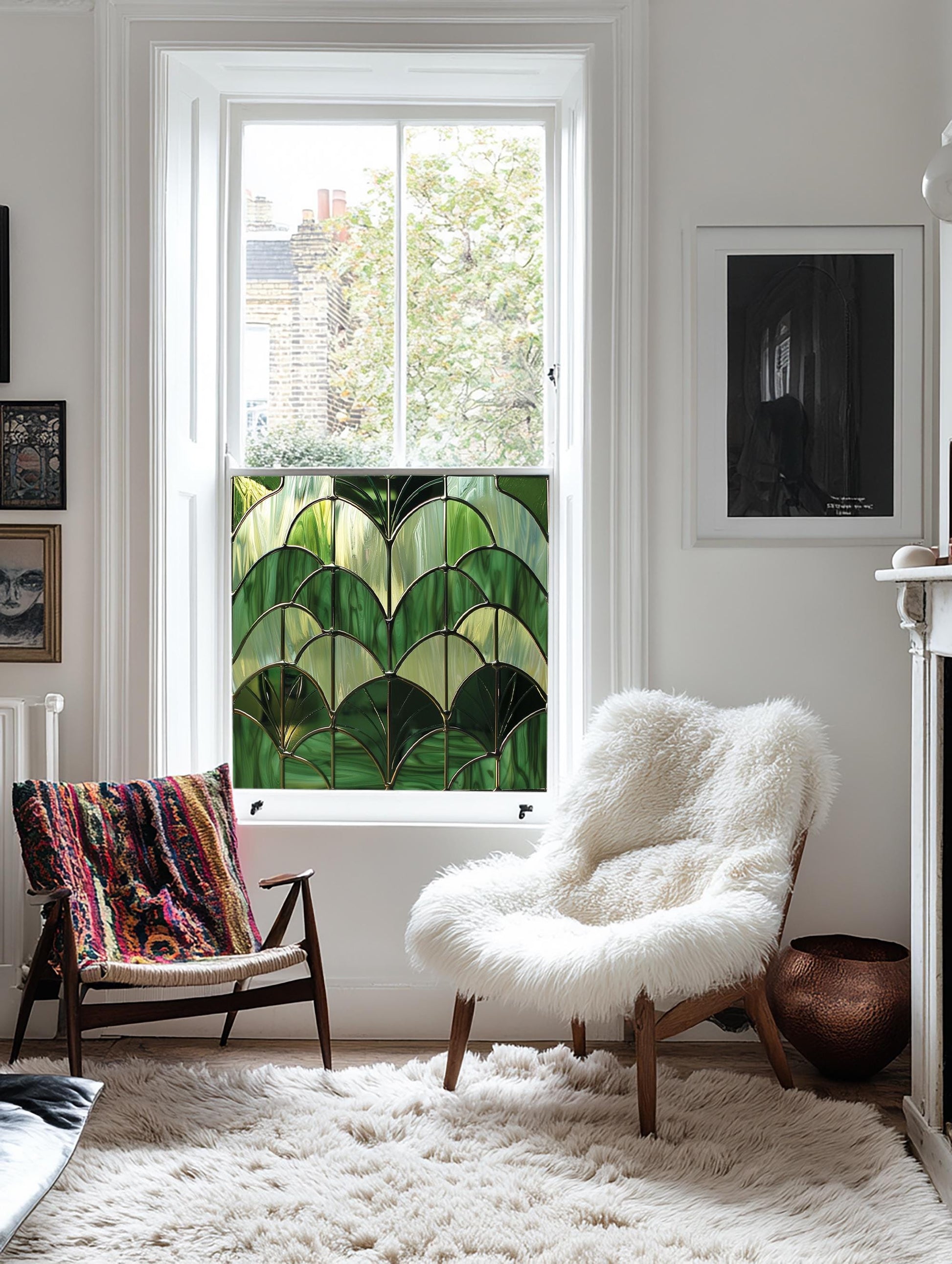 Green Window Film, Privacy Window Film, Art Deco Window Film, Decorative Window Film, Window, Window Film, Stained Glass Window Film Creative Windows