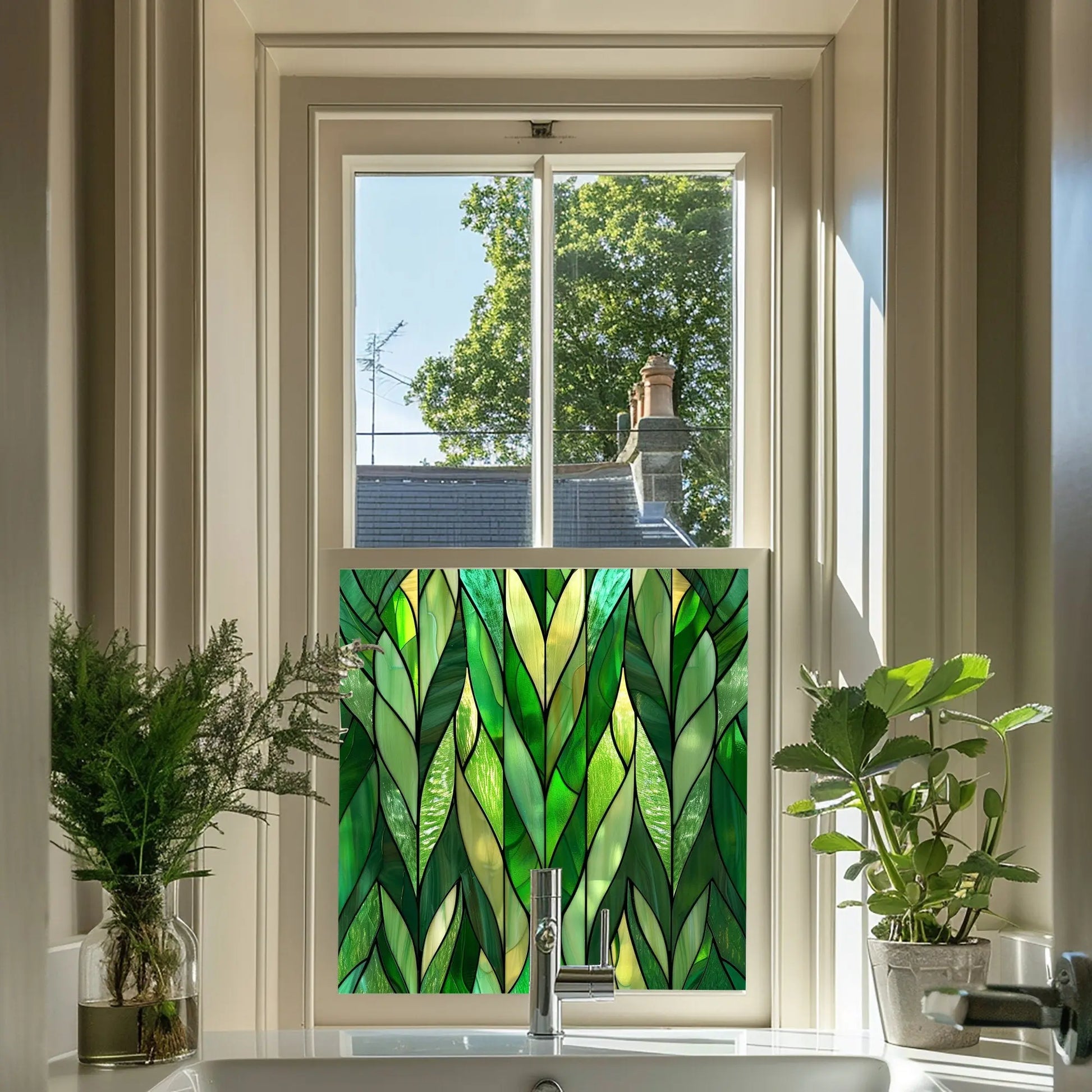 Green Art Deco Window Film - Arborio Stained Glass Privacy Window Film Creative Windows