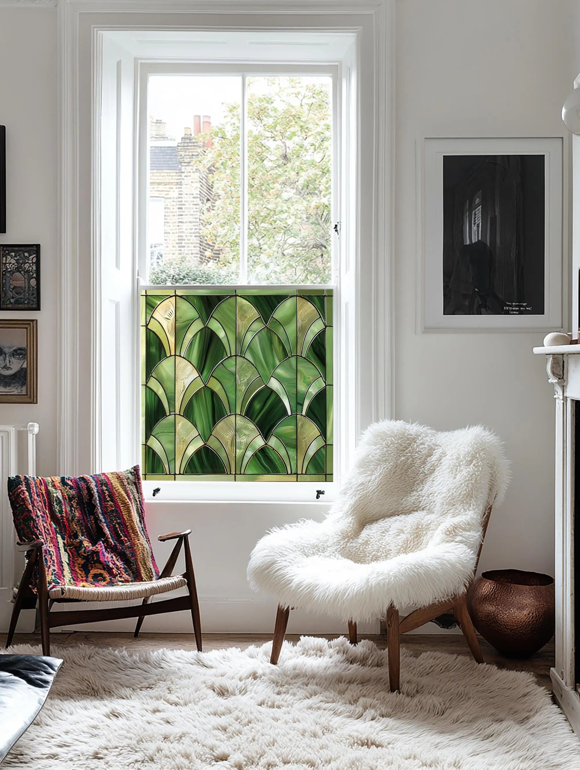 Green Art Deco Window Film - Apricena Stained Glass Privacy Creative Windows