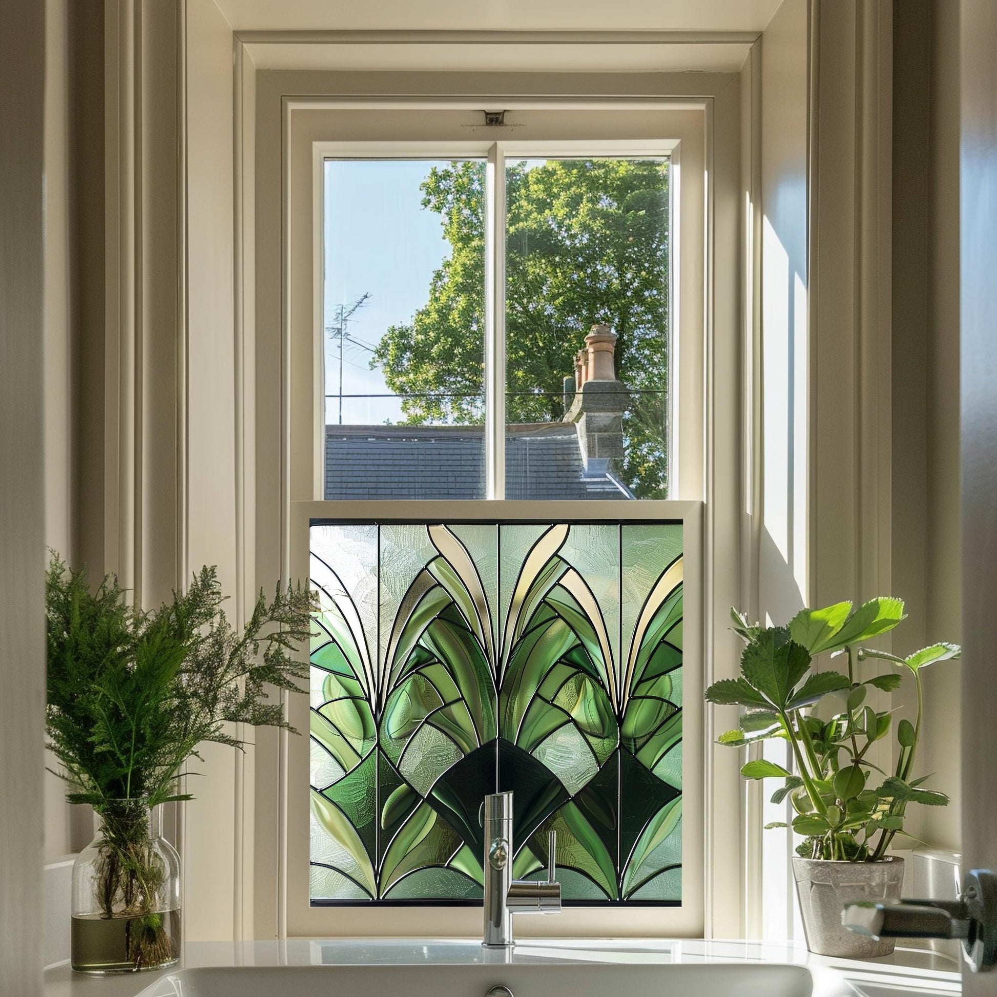 Green Art Deco Window Film, Privacy Window Film, Decorative Window Film, Window Film, Bathroom Window Film, Window Film Stained Glass Creative Windows