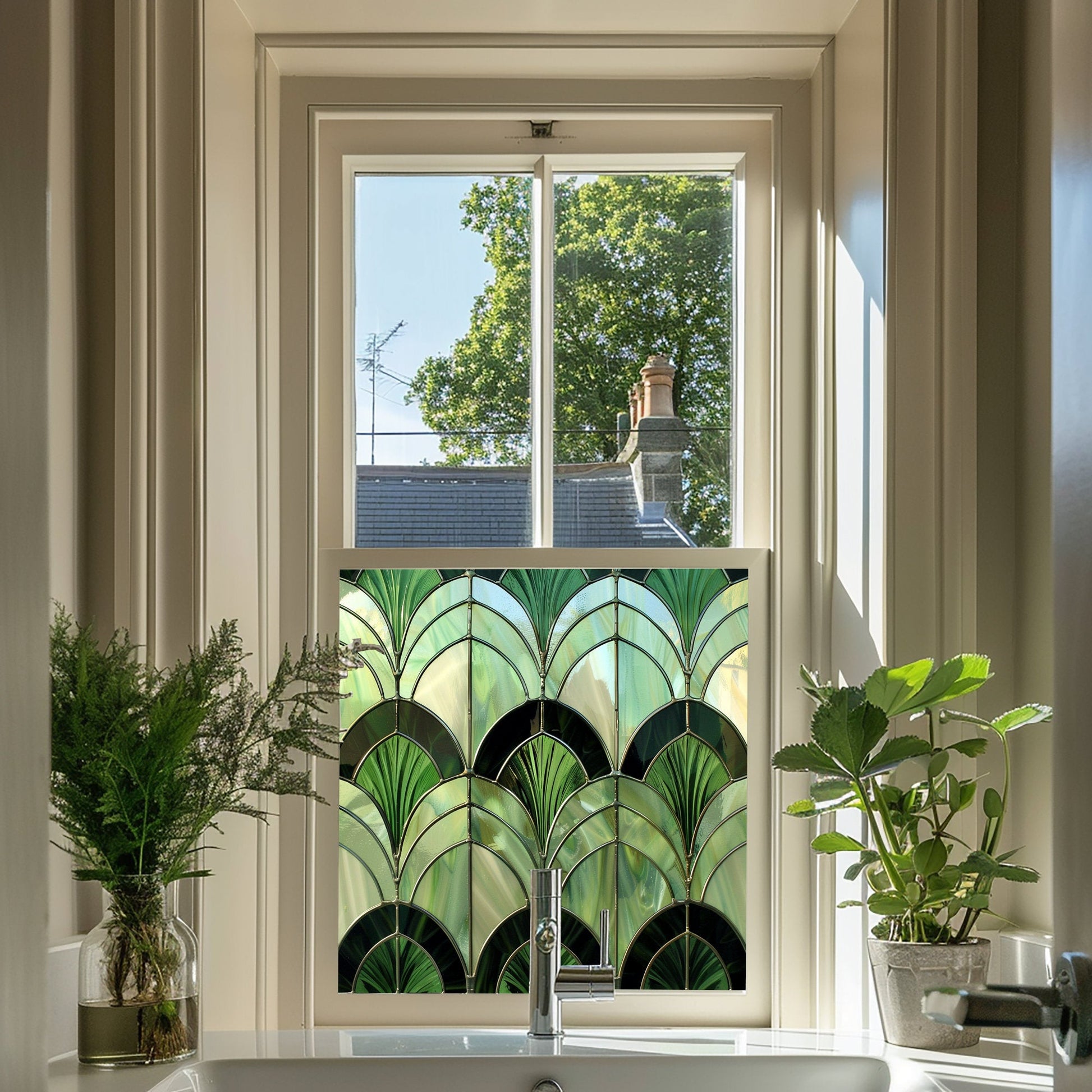 Green Art Deco Window Film, Privacy Window Film, Decorative Window Film, Patterned Window Film, Bathroom Window Film, Stained Glass Window Creative Windows