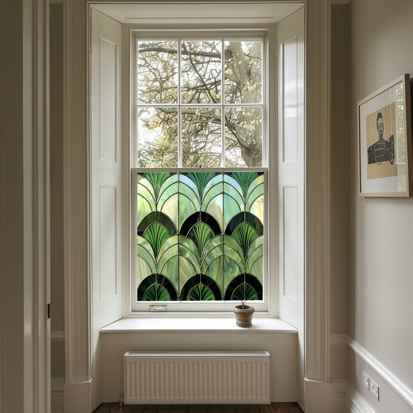 Green Art Deco Window Film, Privacy Window Film, Decorative Window Film, Patterned Window Film, Bathroom Window Film, Stained Glass Window Creative Windows