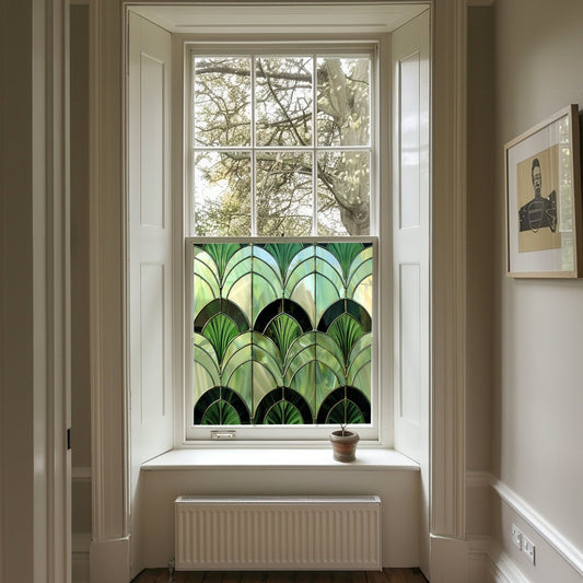 Green Art Deco Window Film, Privacy Window Film, Decorative Window Film, Patterned Window Film, Bathroom Window Film, Stained Glass Window Creative Windows