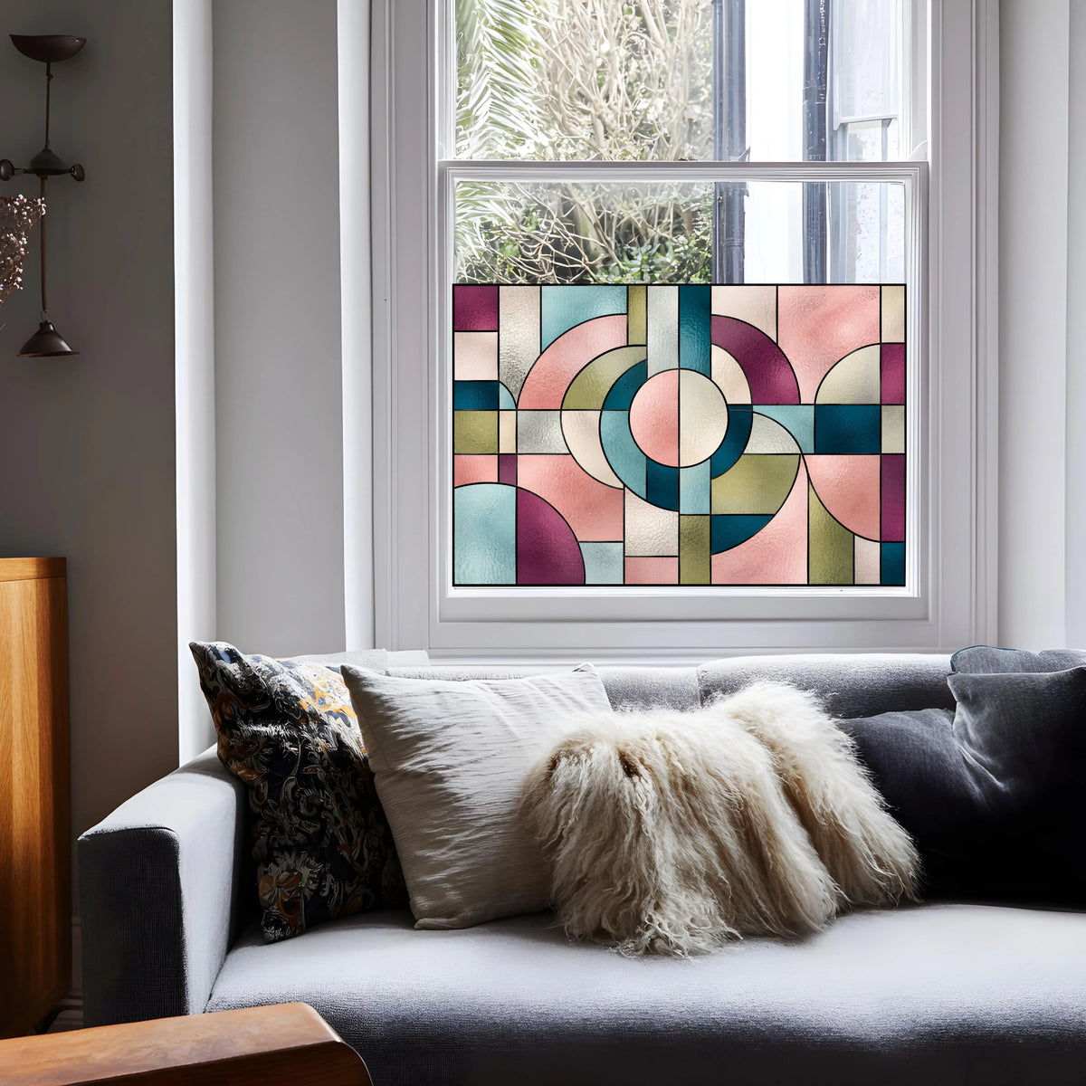 Privacy Window Film Retro Geometric Stained Glass Effect