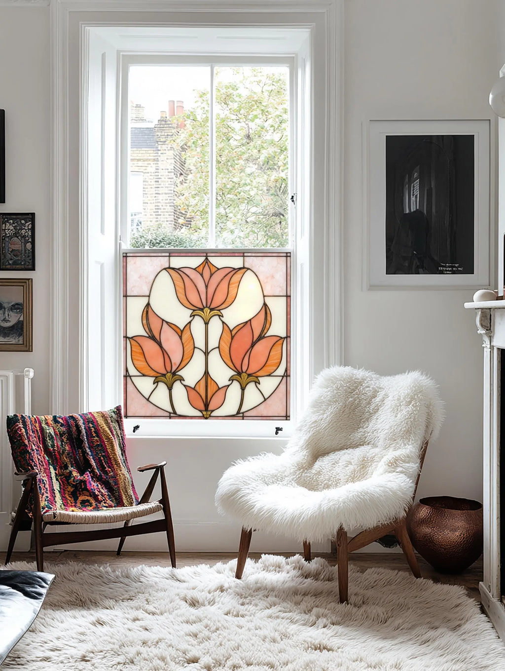 Art Deco Privacy Window Film. Decorative Stained Glass Window Covering Creative Windows