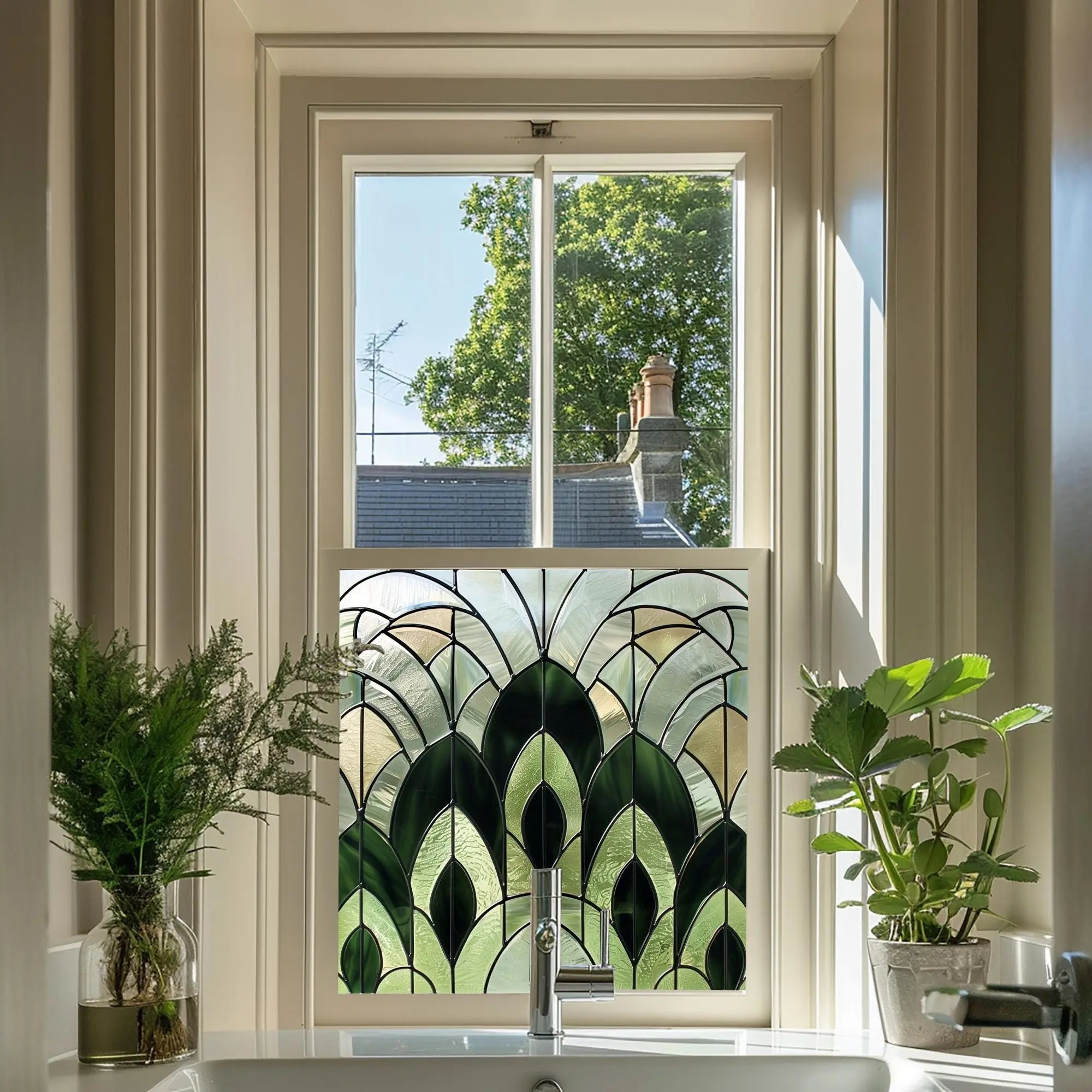 Green Art Deco Privacy Window Film Decorative Window Covering Creative Windows