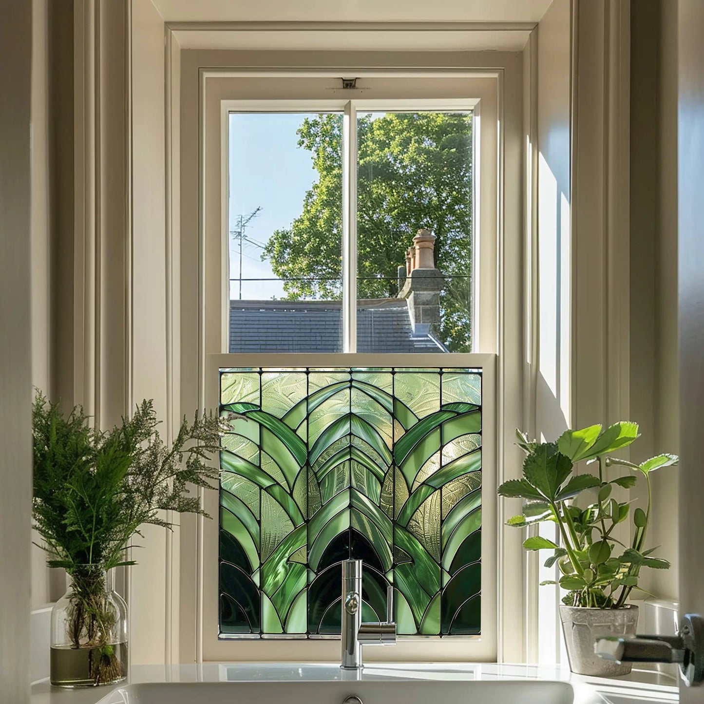 Green Art Deco Window Film - Orero Privacy Stained Glass Window Film Creative Windows