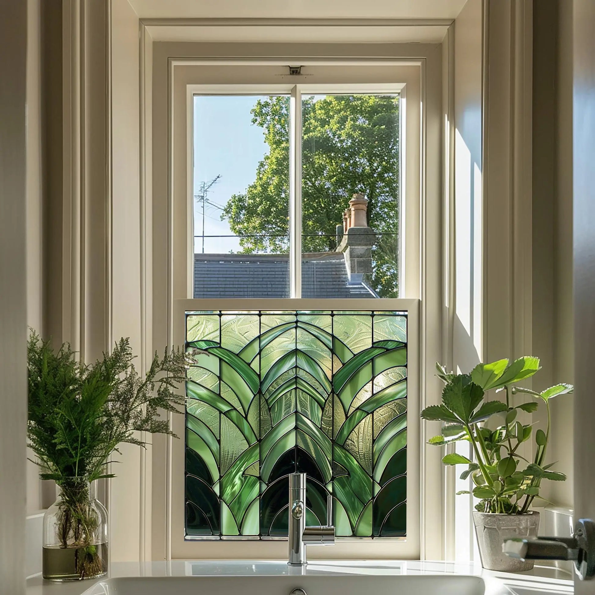 Green Art Deco Window Film - Orero Privacy Stained Glass Window Film Creative Windows