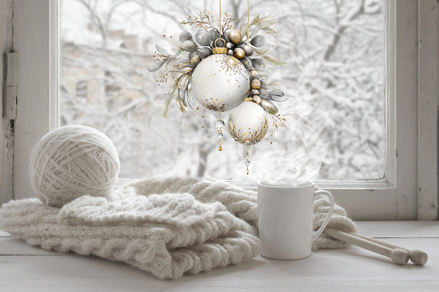 White and Gold Bauble Christmas Window Sticker – Double Sided Reusable Festive Decor Creative Windows