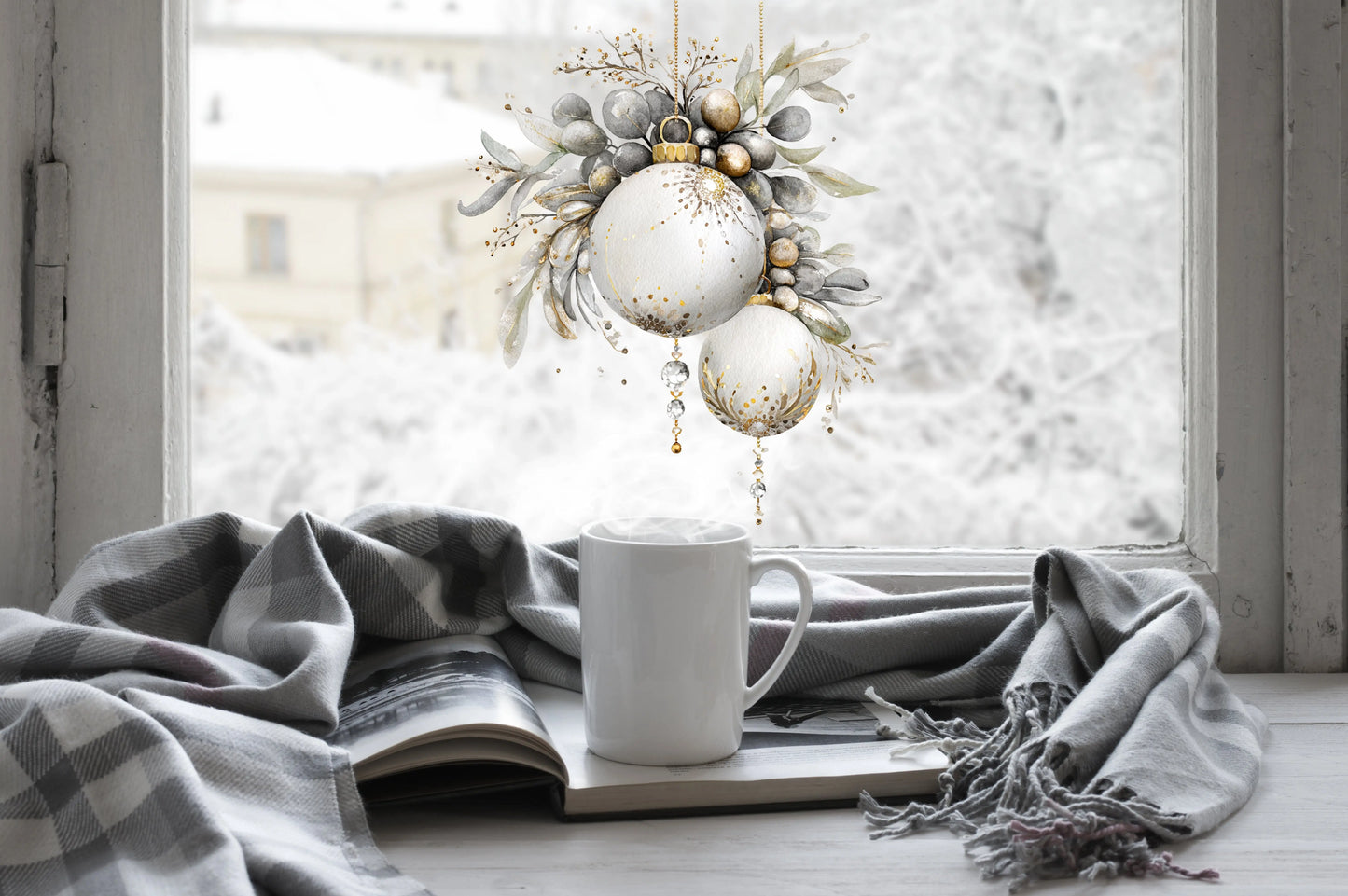 White and Gold Bauble Christmas Window Sticker – Double Sided Reusable Festive Decor Creative Windows