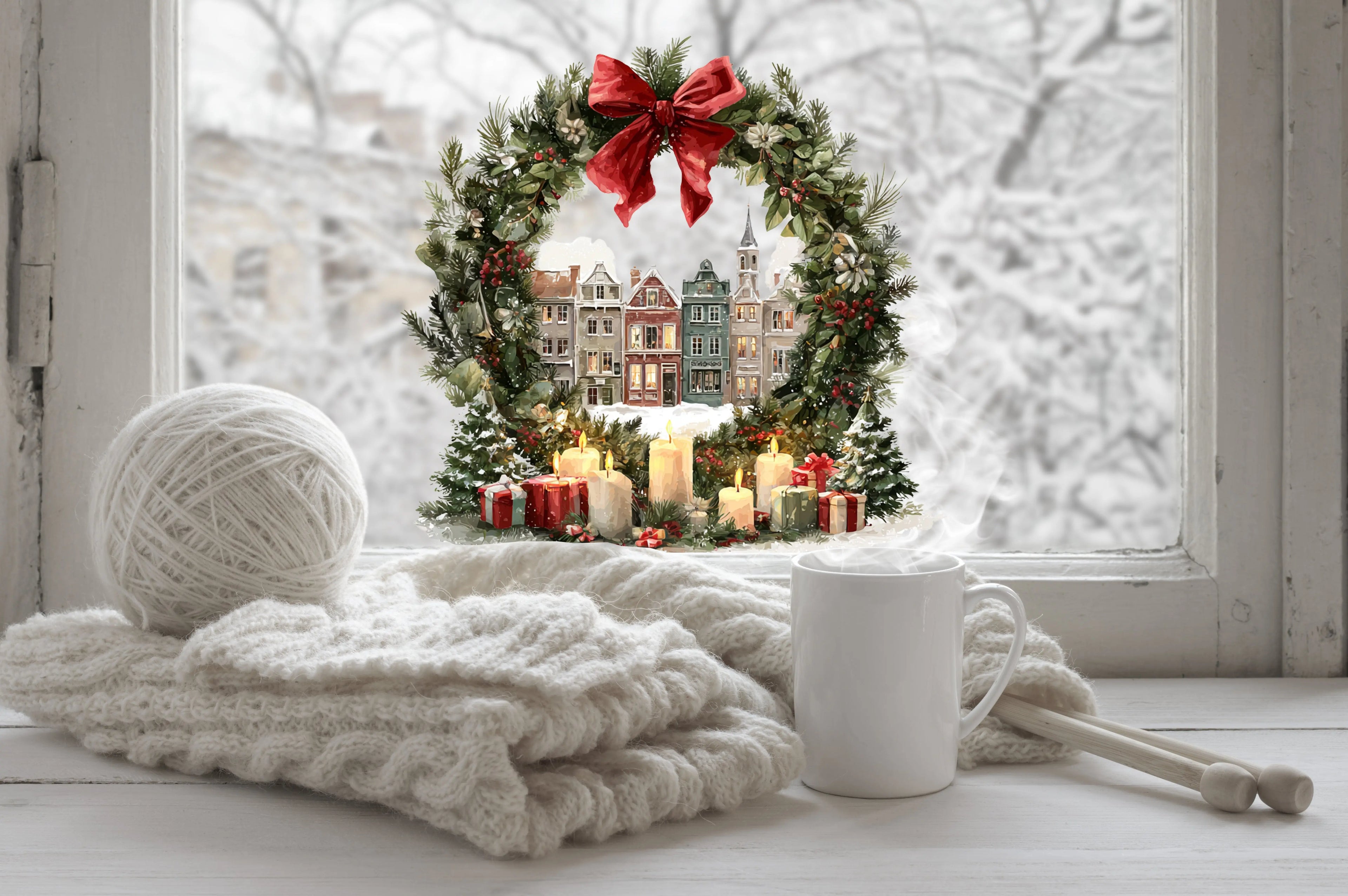 Christmas Village Wreath Window Sticker – Double Sided Reusable Festive Decor Creative Windows