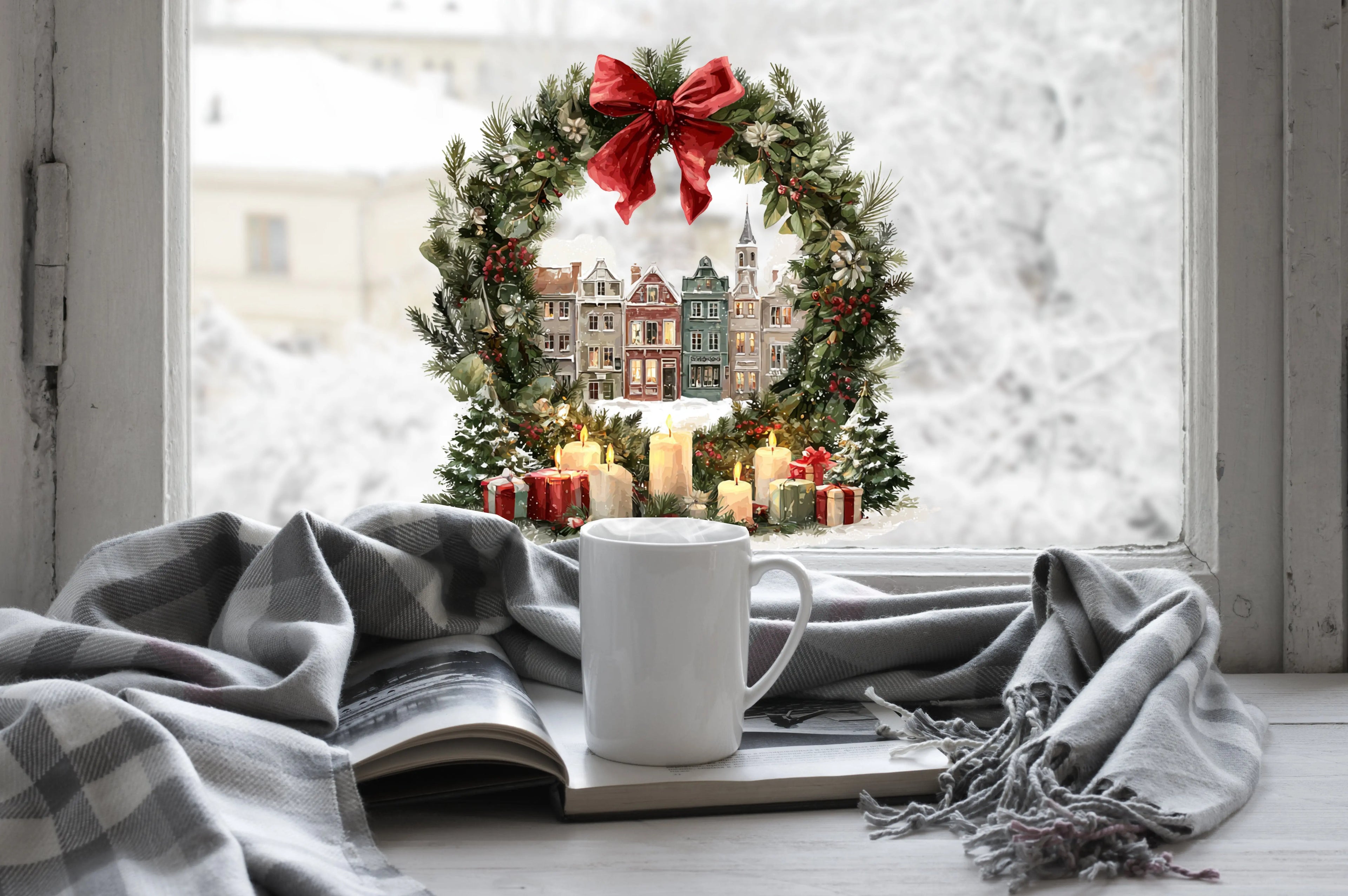 Christmas Village Wreath Window Sticker – Double Sided Reusable Festive Decor Creative Windows