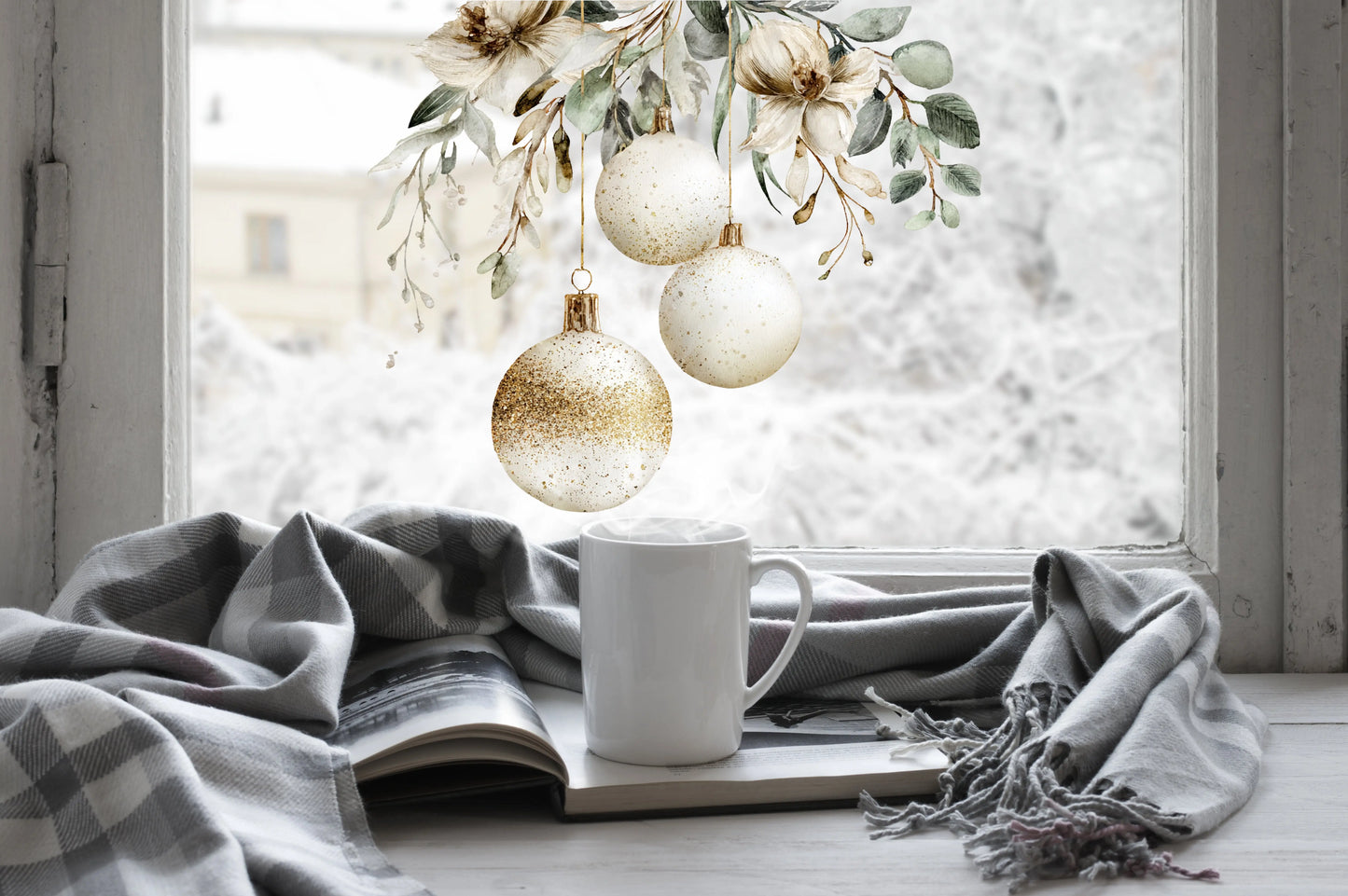 Gold and White Bauble Trio Christmas Window Sticker Creative Windows