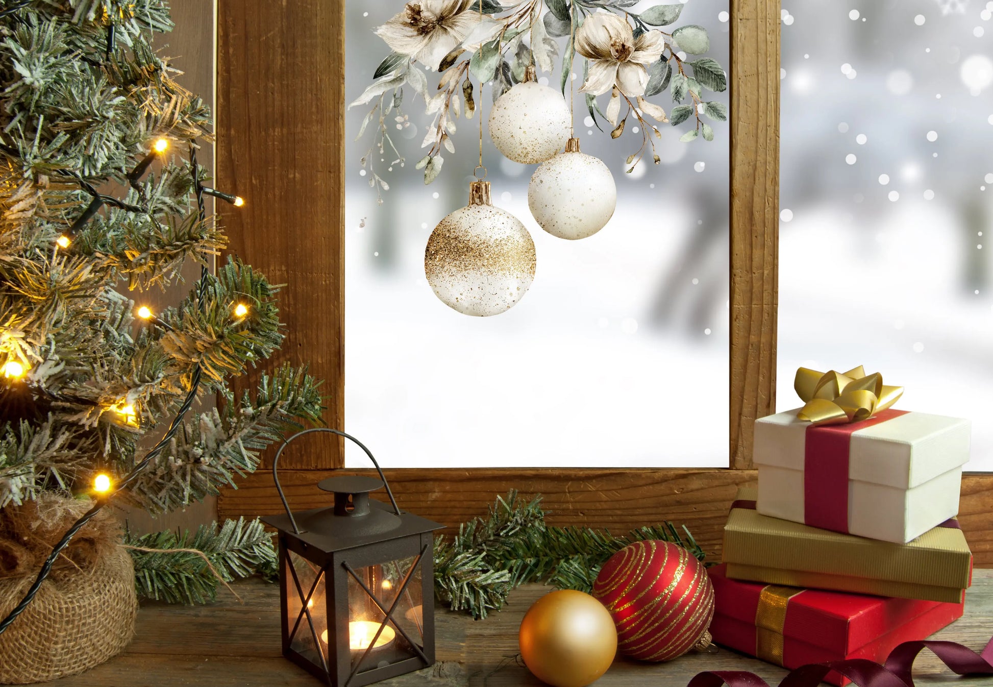 Gold and White Bauble Trio Christmas Window Sticker Creative Windows