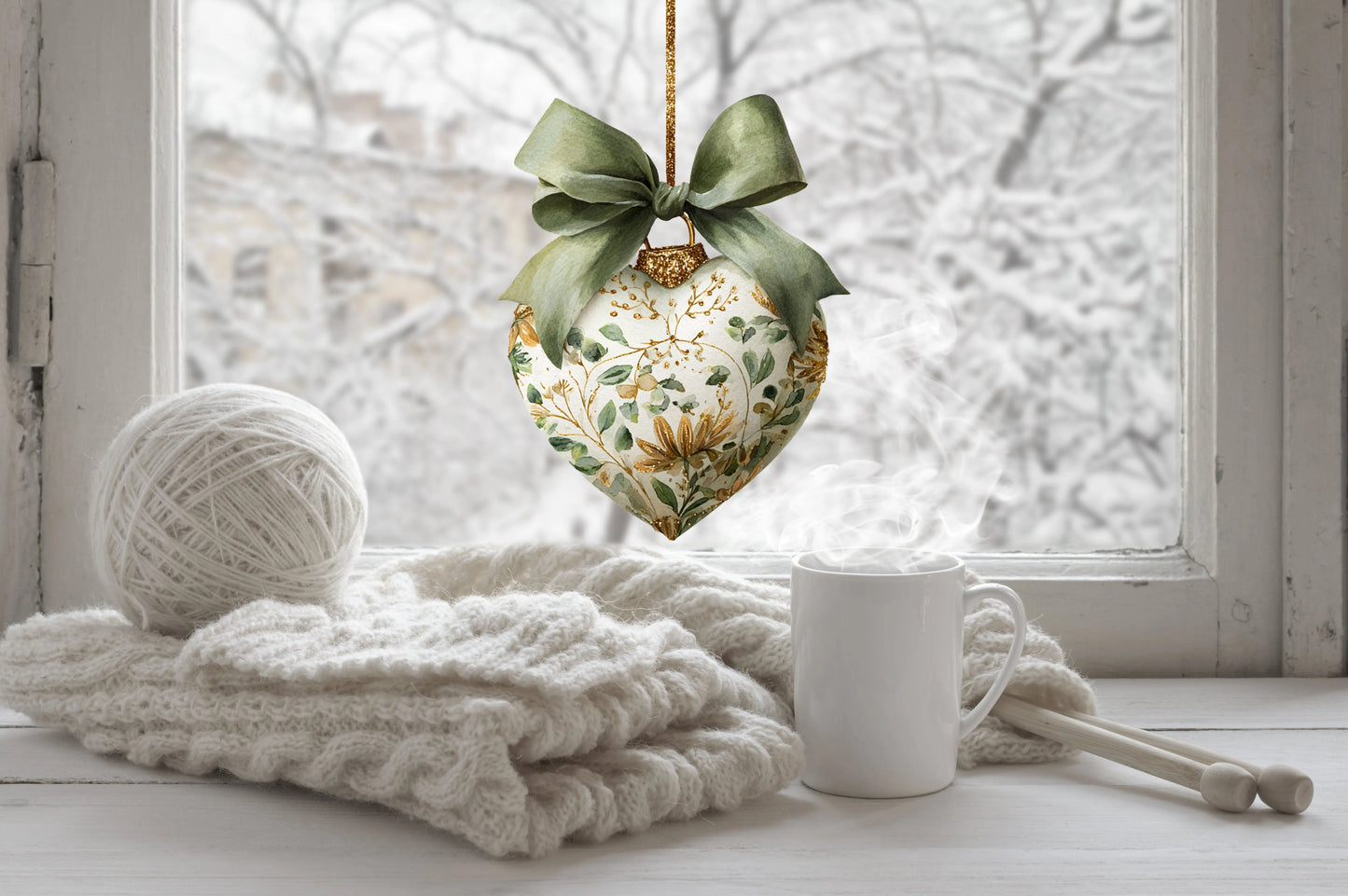 Green Bow Heart Bauble Christmas Window Sticker – Double Sided Reusable Festive Decor Creative Windows