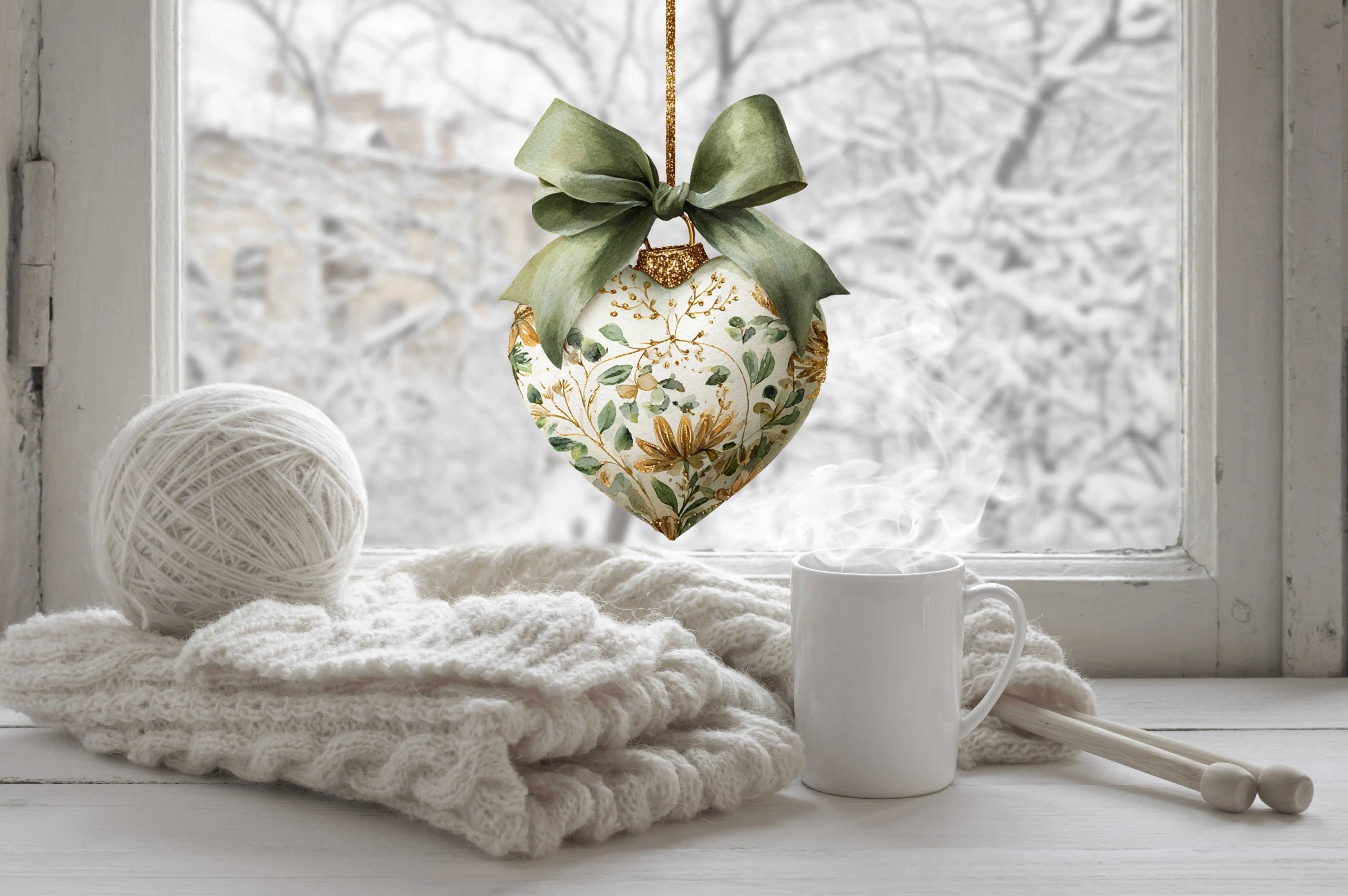 Green Bow Heart Bauble Christmas Window Sticker – Double Sided Reusable Festive Decor Creative Windows