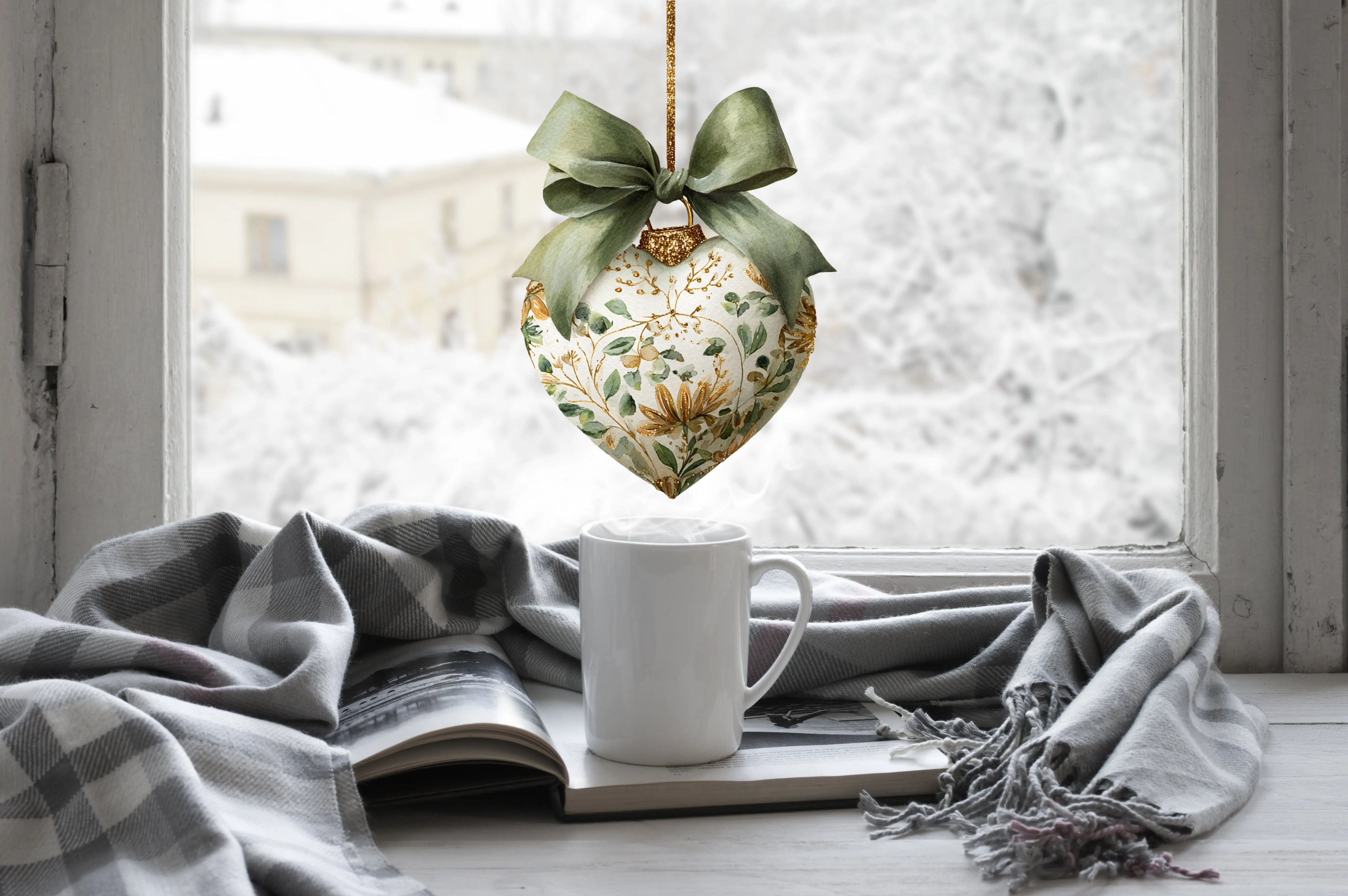 Green Bow Heart Bauble Christmas Window Sticker – Double Sided Reusable Festive Decor Creative Windows