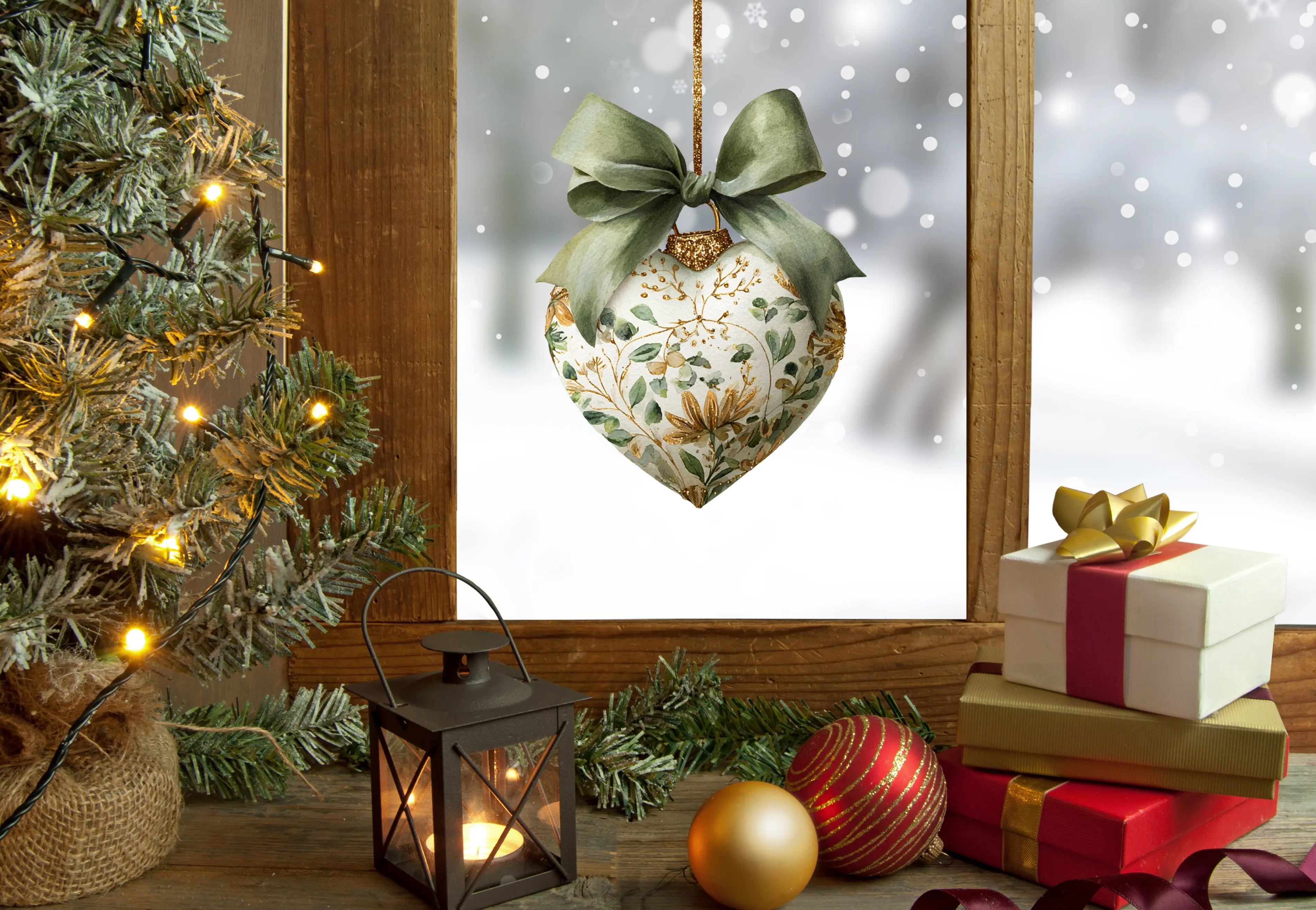 Green Bow Heart Bauble Christmas Window Sticker – Double Sided Reusable Festive Decor Creative Windows