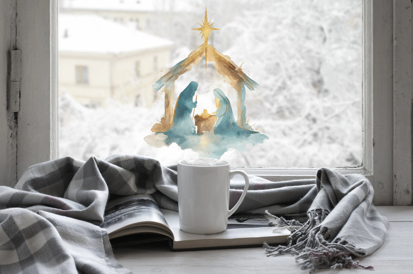 Watercolor Nativity Christmas Window Sticker – Reusable Double-Sided Festive Manger Scene with Gold Star Creative Windows