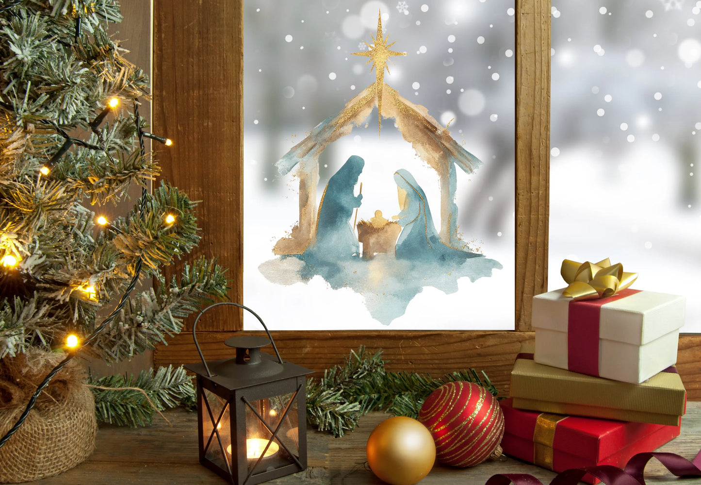 Watercolor Nativity Christmas Window Sticker – Reusable Double-Sided Festive Manger Scene with Gold Star Creative Windows