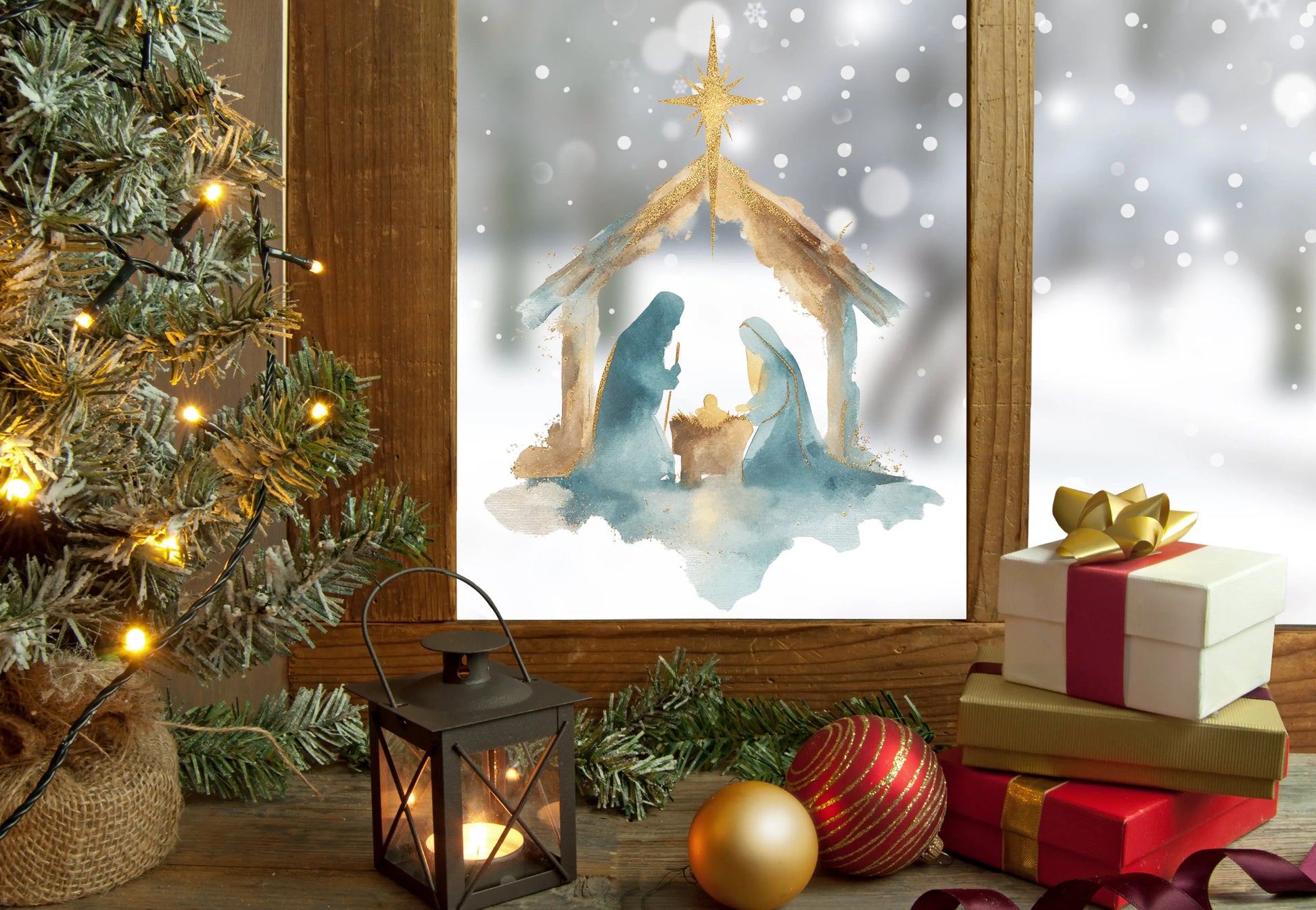 Watercolor Nativity Christmas Window Sticker – Reusable Double-Sided Festive Manger Scene with Gold Star Creative Windows