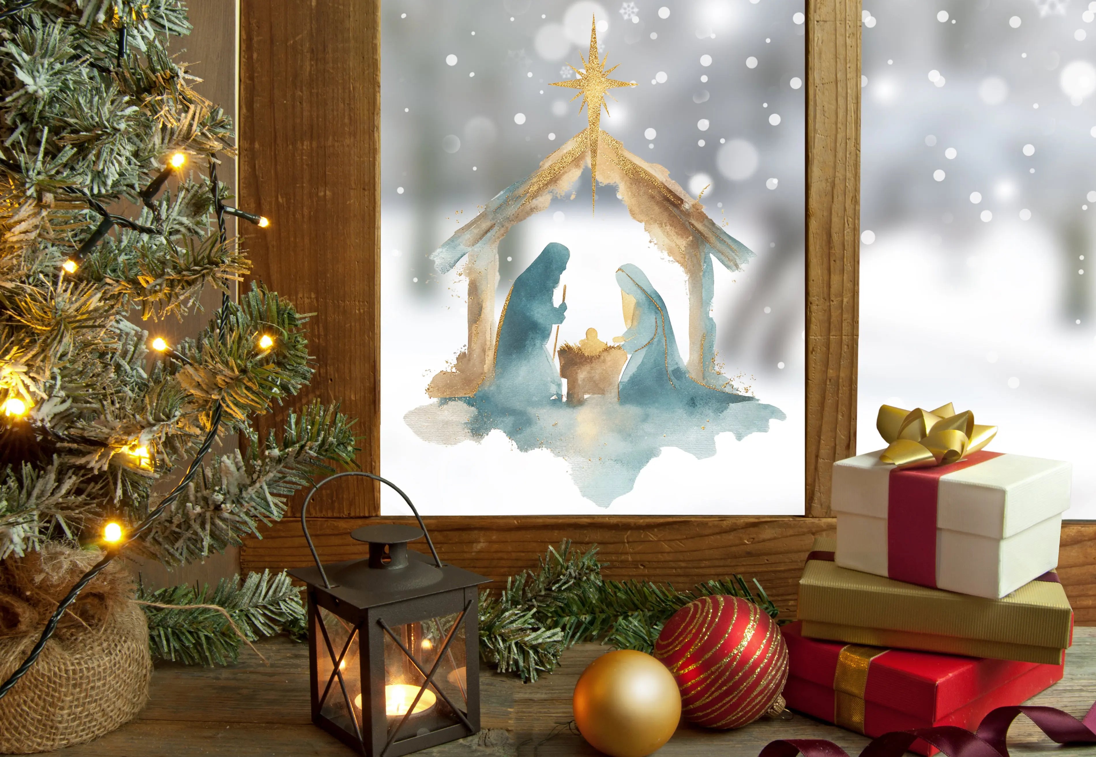 Watercolor Nativity Christmas Window Sticker – Reusable Double-Sided Festive Manger Scene with Gold Star Creative Windows