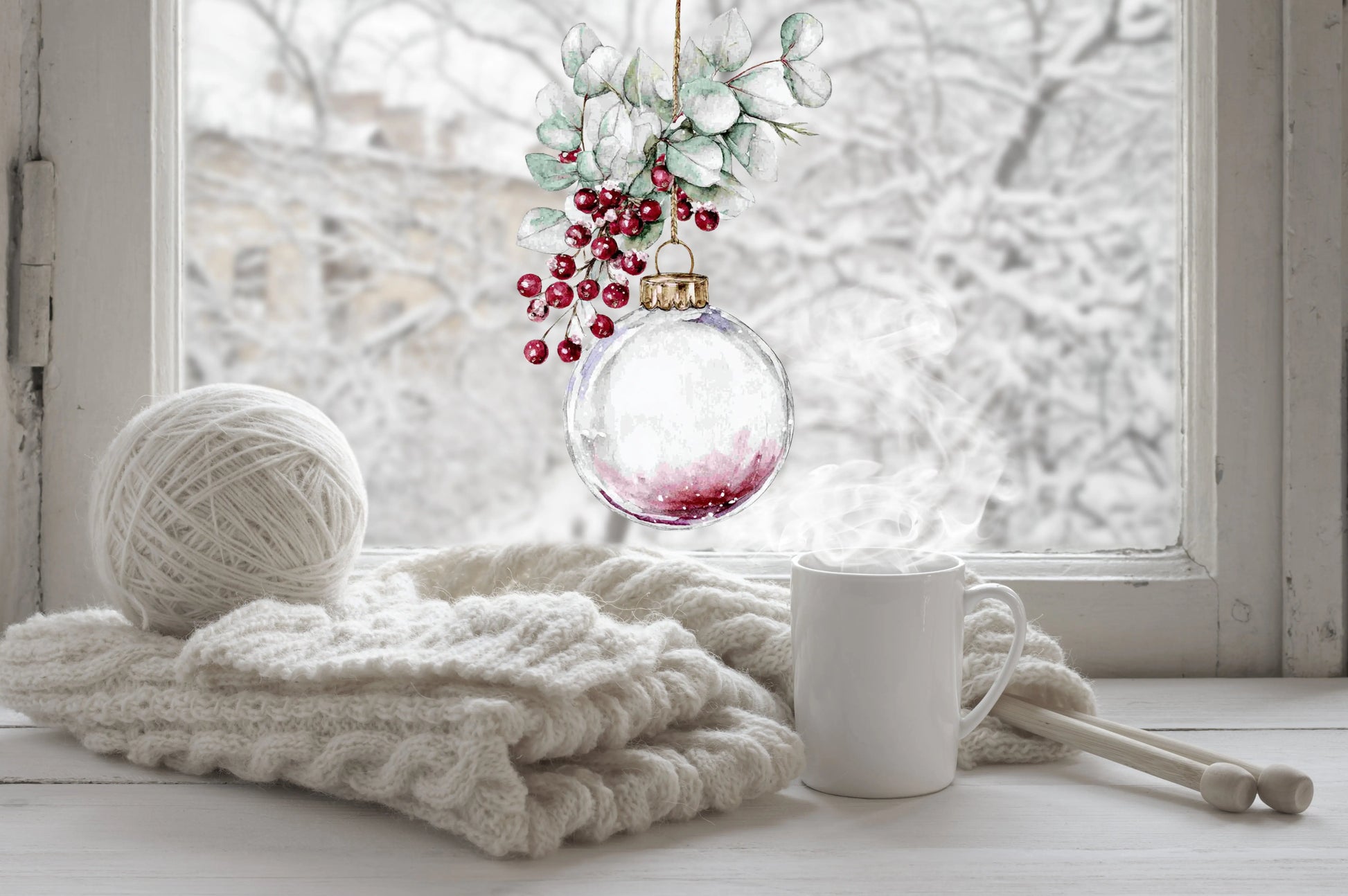 Christmas bauble window sticker with watercolour eucalyptus and berries Creative Windows