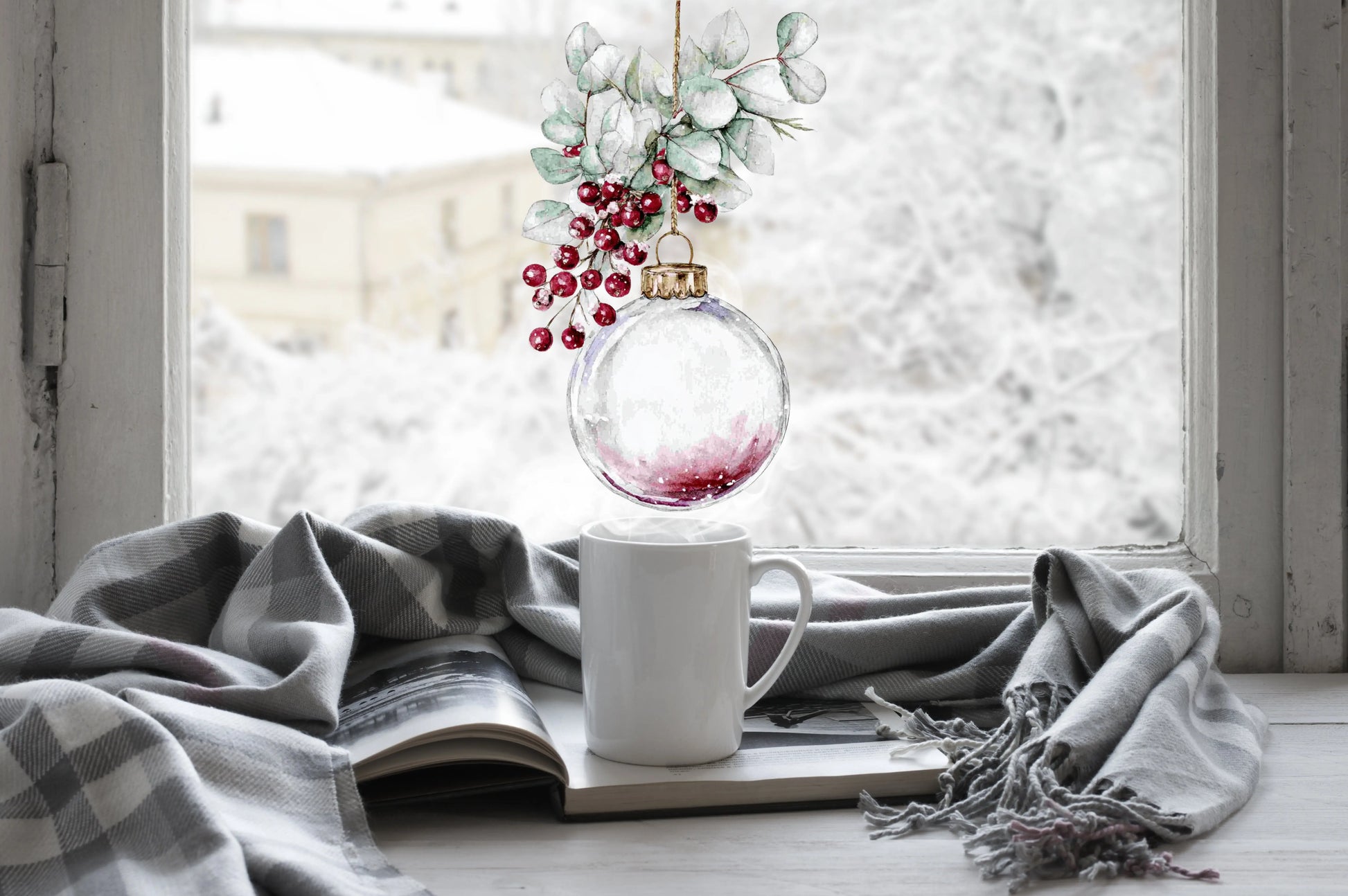 Christmas bauble window sticker with watercolour eucalyptus and berries Creative Windows