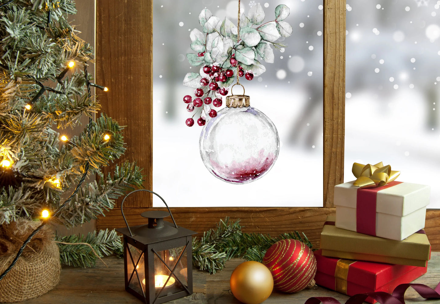 Christmas bauble window sticker with watercolour eucalyptus and berries Creative Windows