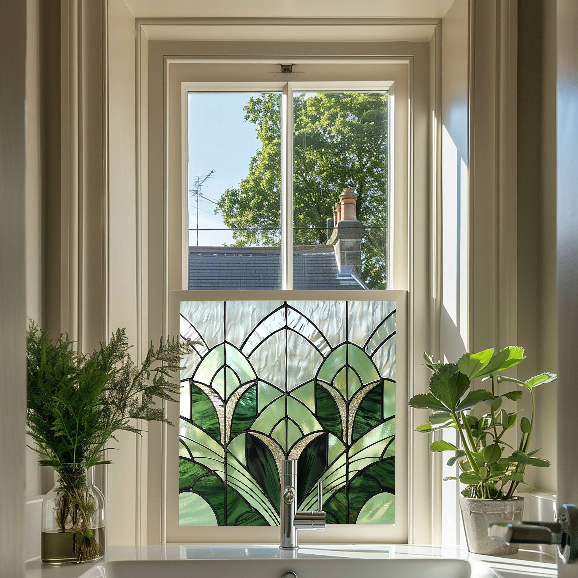 Green Art Deco Window Film, Privacy Window Film, Decorative Window Film, Patterned Window Film, Coloured Window Film, Stained Glass Creative Windows