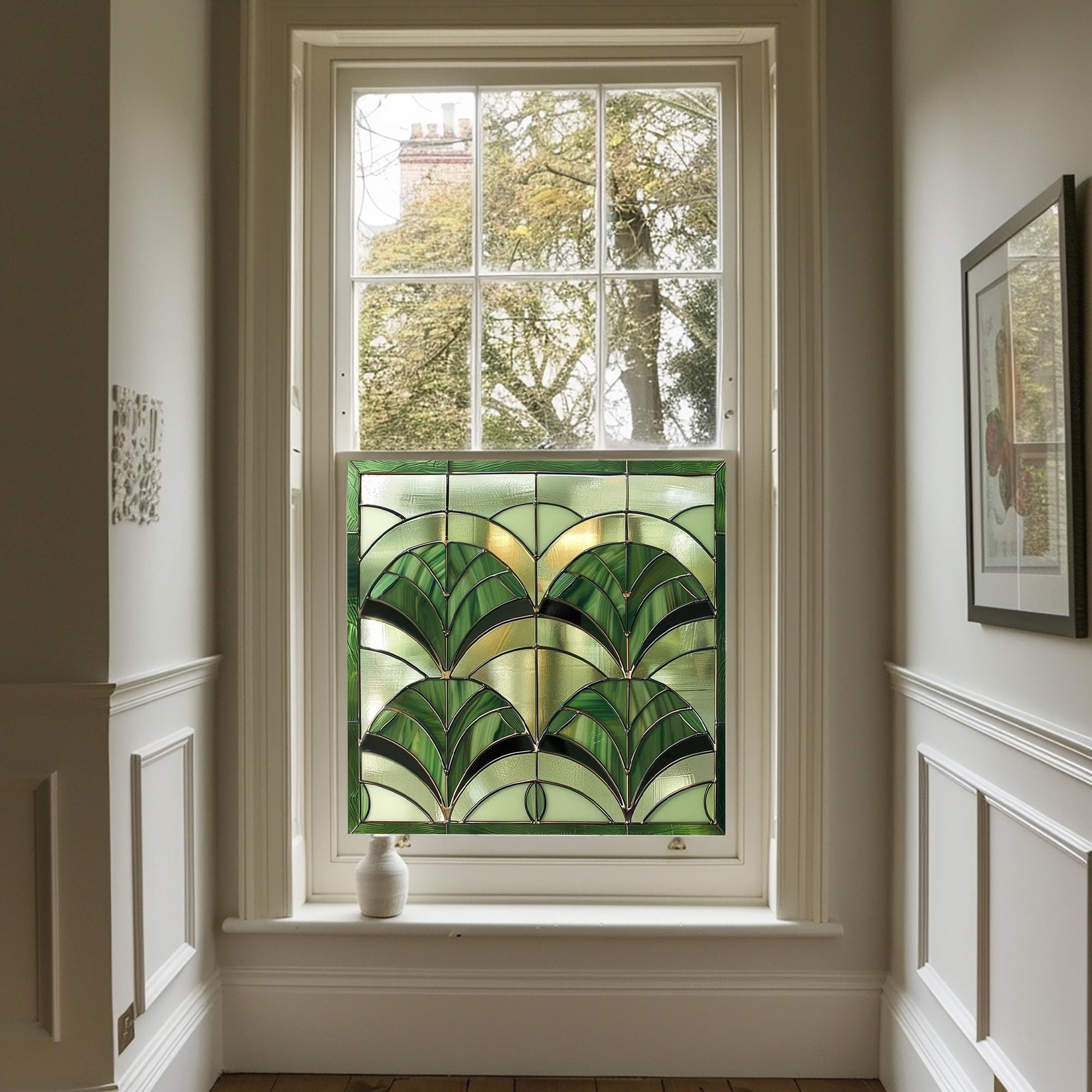 Green Art Deco Window Film, Kitchen Window Film, Window, Bathroom Window Film, Green Stained Glass Window Film, Privacy Window Film Creative Windows